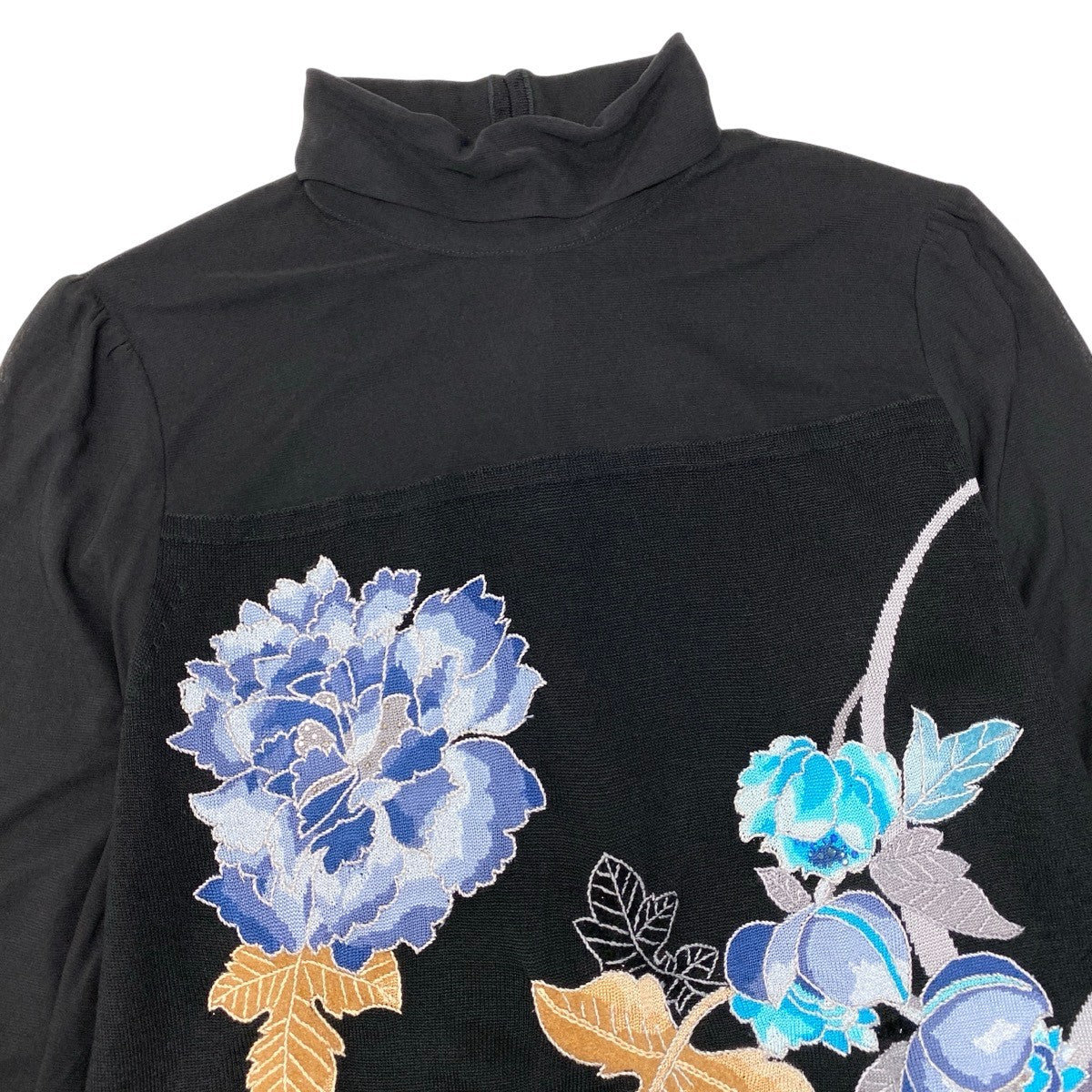 93h25 LEONARD FASHION レオナール ニットカットソー カンカン素材切替 花柄刺繍 38 ブラック レディースu02t