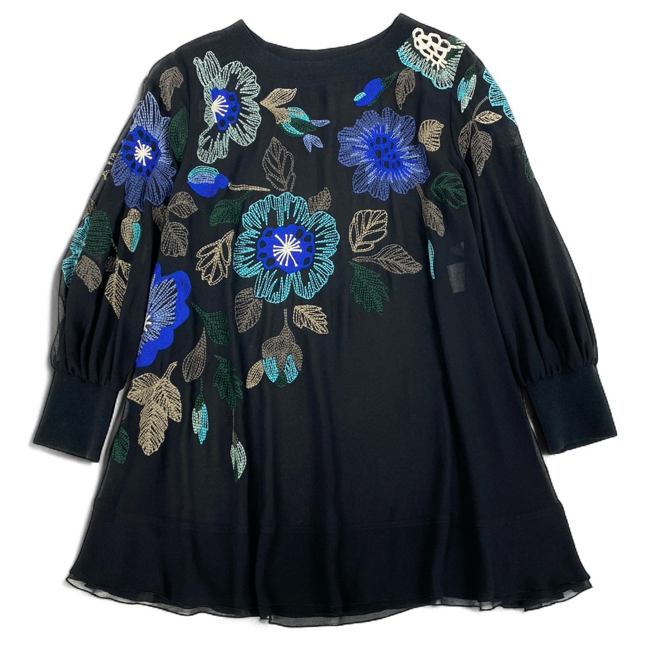 64k19《美品》 TOKUKO 1er VOL トクコプルミエヴォル チュニックワンピース シアーカットソー 花柄モチーフ 刺繍 レディース 女性用 9 ブラックu02t