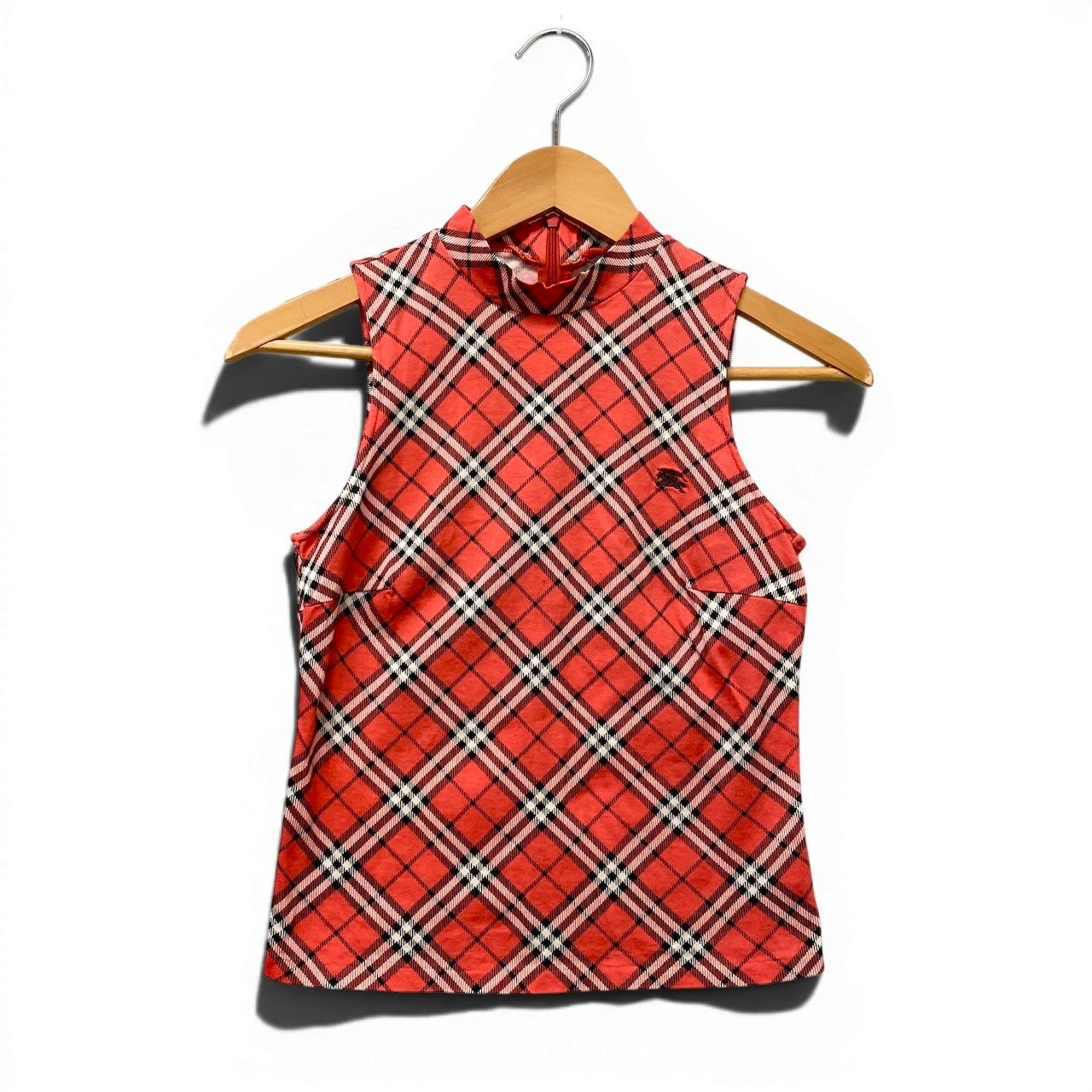 14g5 BURBERRY LONDON バーバリーロンドン ホース刺繍 チェック柄 ノースリーブ カットソー Mサイズ レッド コットン レディースo07t