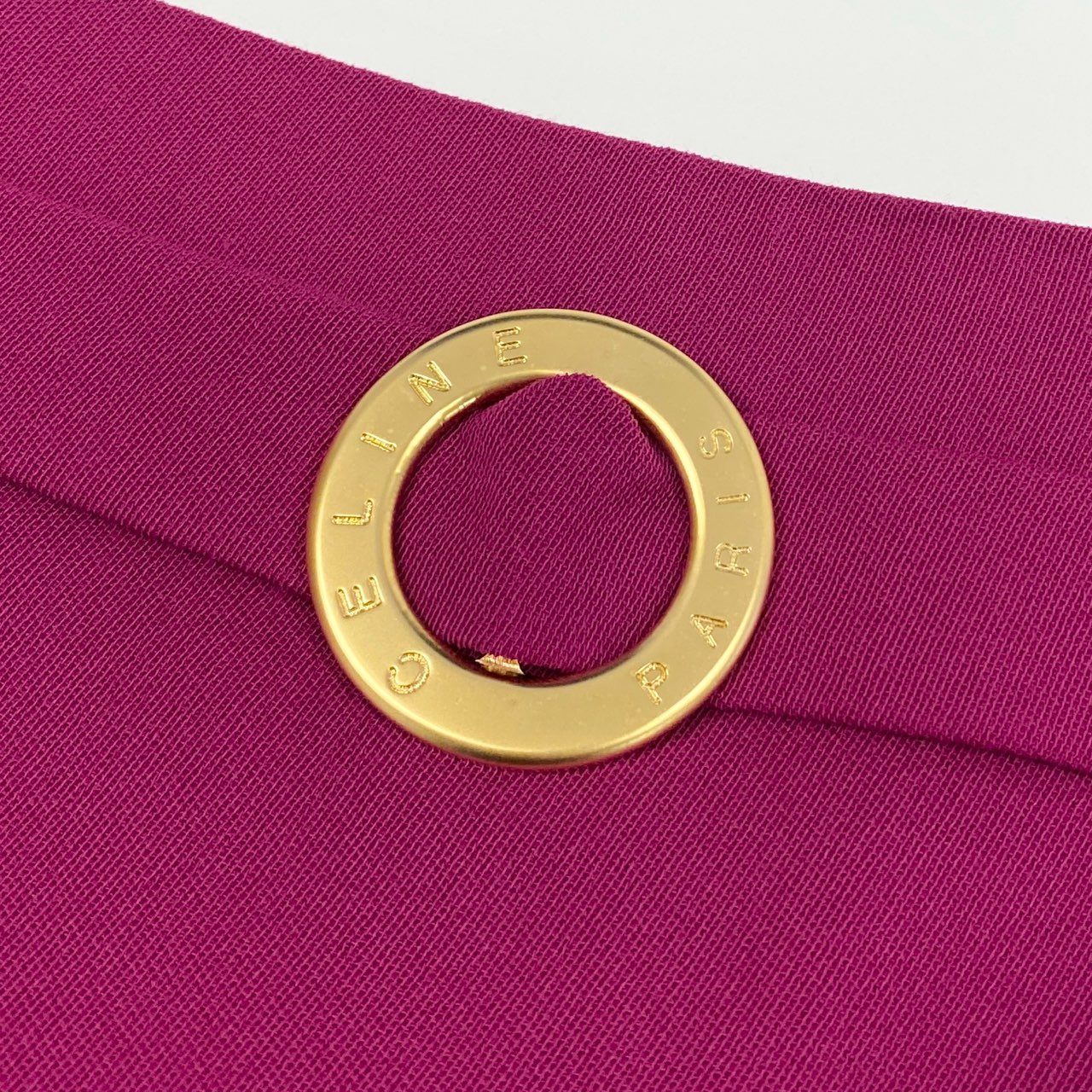 43b20 Vintage CELINE セリーヌ サークルロゴ ゴールド金具 タイトスカート 膝丈 46 ピンク ウール フランス製 大きいサイズu02t