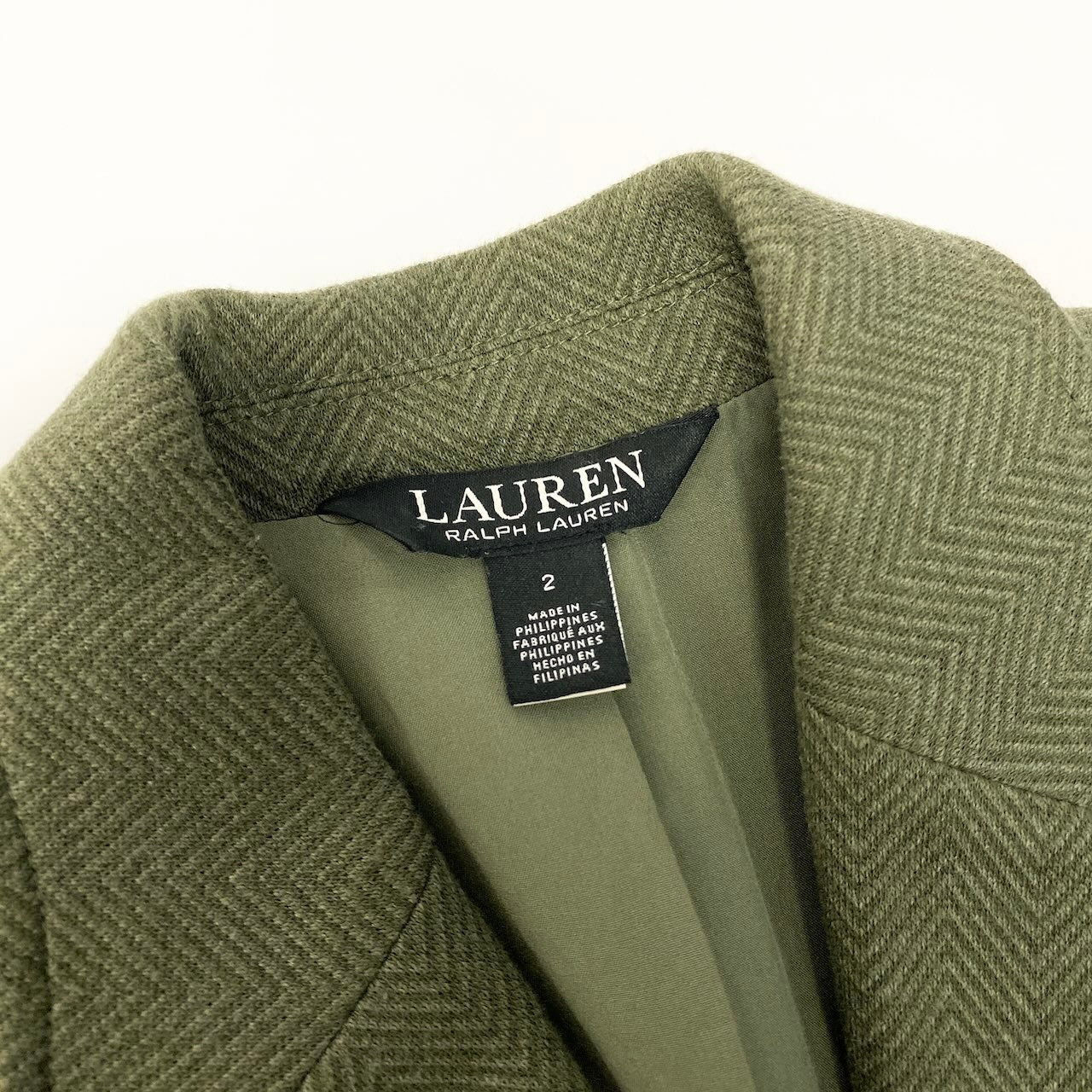 50e8【美品】 LAUREN RALPH LAUREN ローレン ラルフローレン ブリオンストレッチ コットンジャガード ブレザー テーラードジャケット ロゴパッチ 刻印ボタン サイズ２ カーキ レディース 女性用u02t