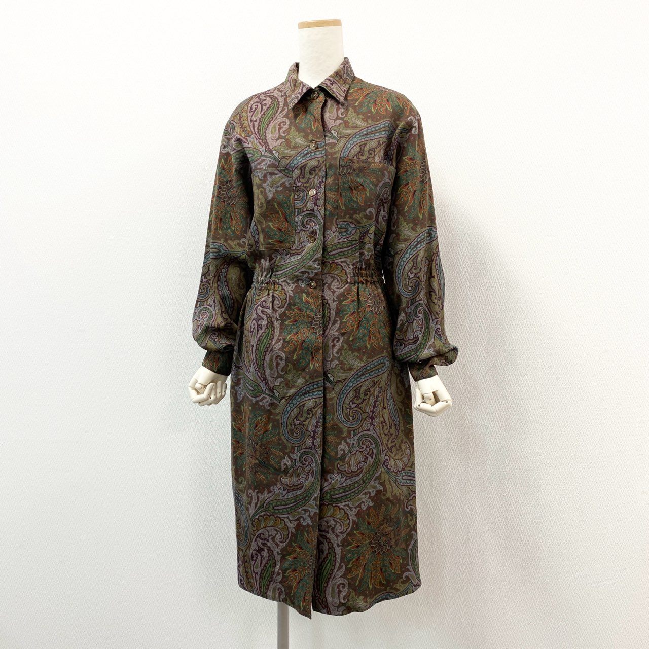 54g10 《美品》 ETRO エトロ ペイズリープリント レトロシャツワンピース 44 カーキ Vintage ヴィンテージ アンティークドレス