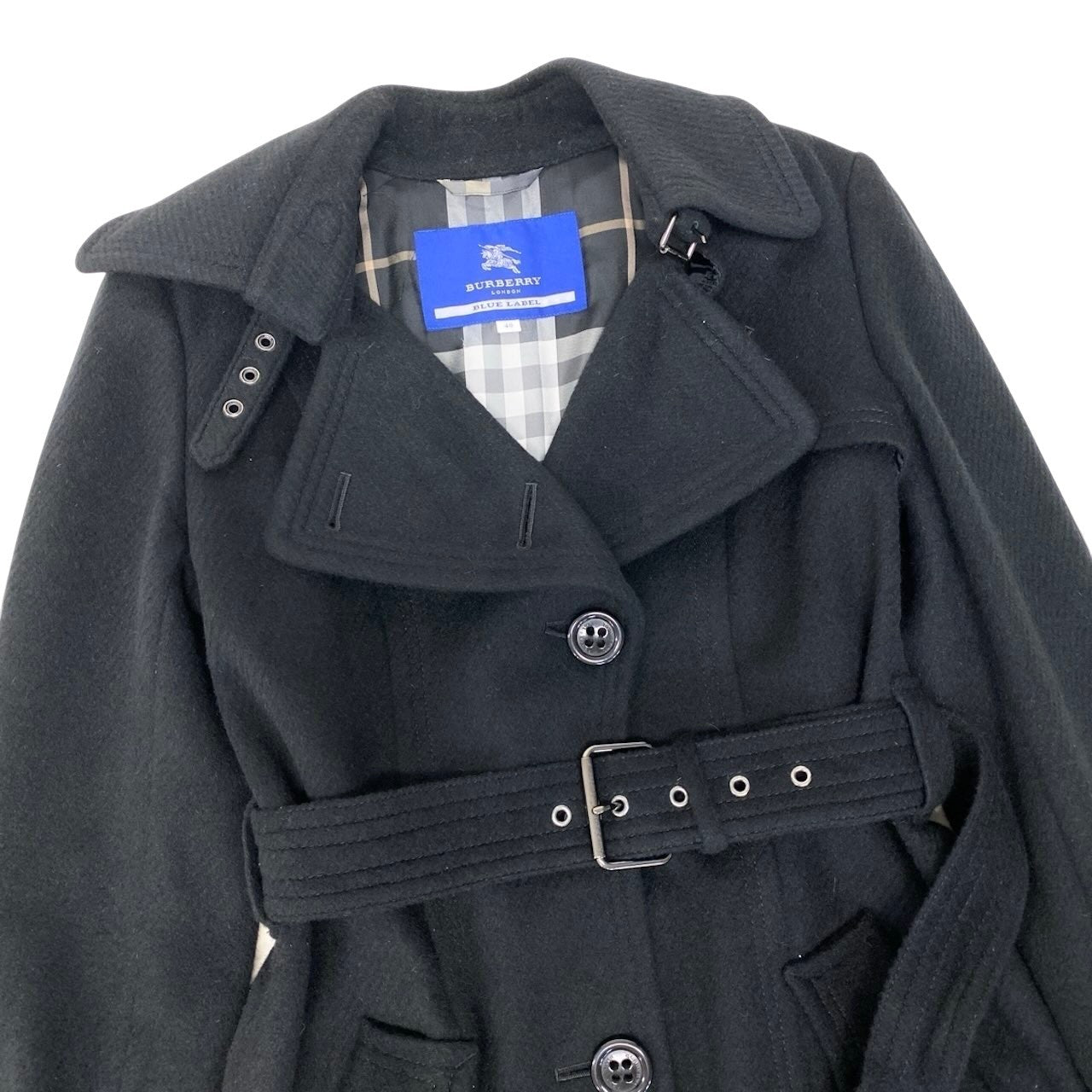 89g20 BURBERRY LONDON BLUE LABEL バーバリーロンドン ブルーレーベル ウールトレンチコート アンゴラ混 裏地ノバチェック サイズ40 ブラック レディース 女性用o07t
