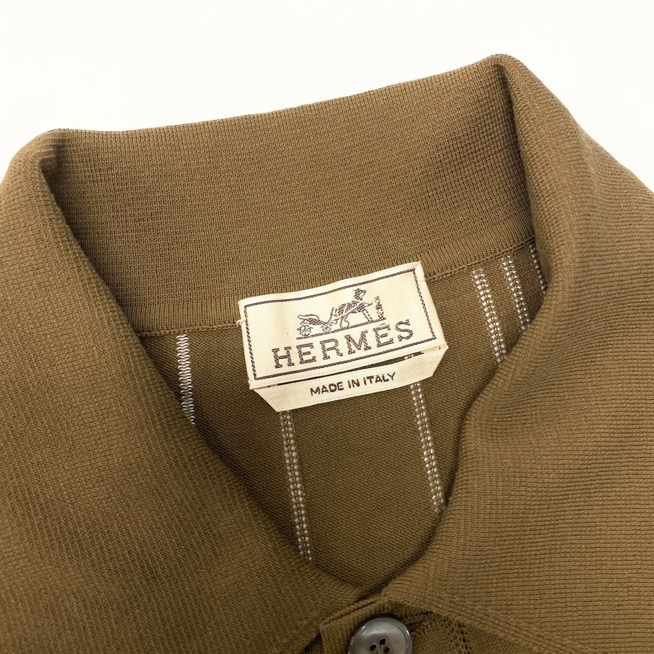 Md22 HERMES エルメス 半袖ニットポロシャツ ボタンダウンカーディガン ストライプ トップス イタリア製 Mサイズ カーキ コットン100％ メンズ 男性用t18r