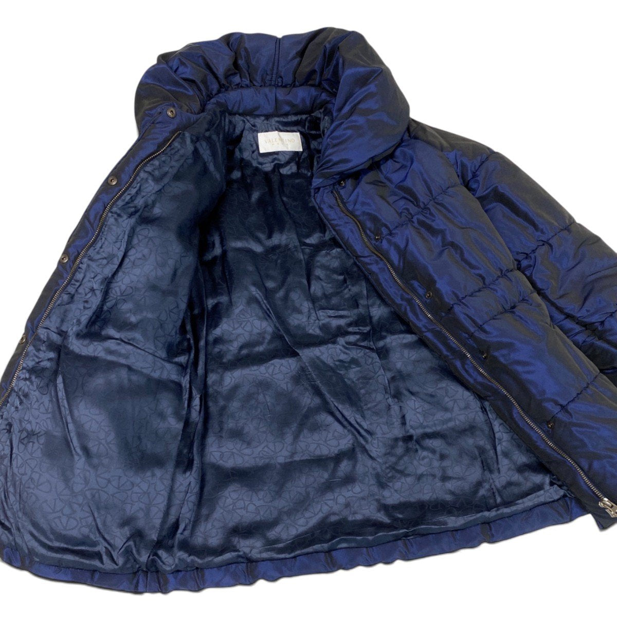Ei4 【美品】 VALENTINO ROMA ヴァレンティノ シルク混 パファージャケット ボリュームネック サイズ40/4 ネイビー レディースk02i