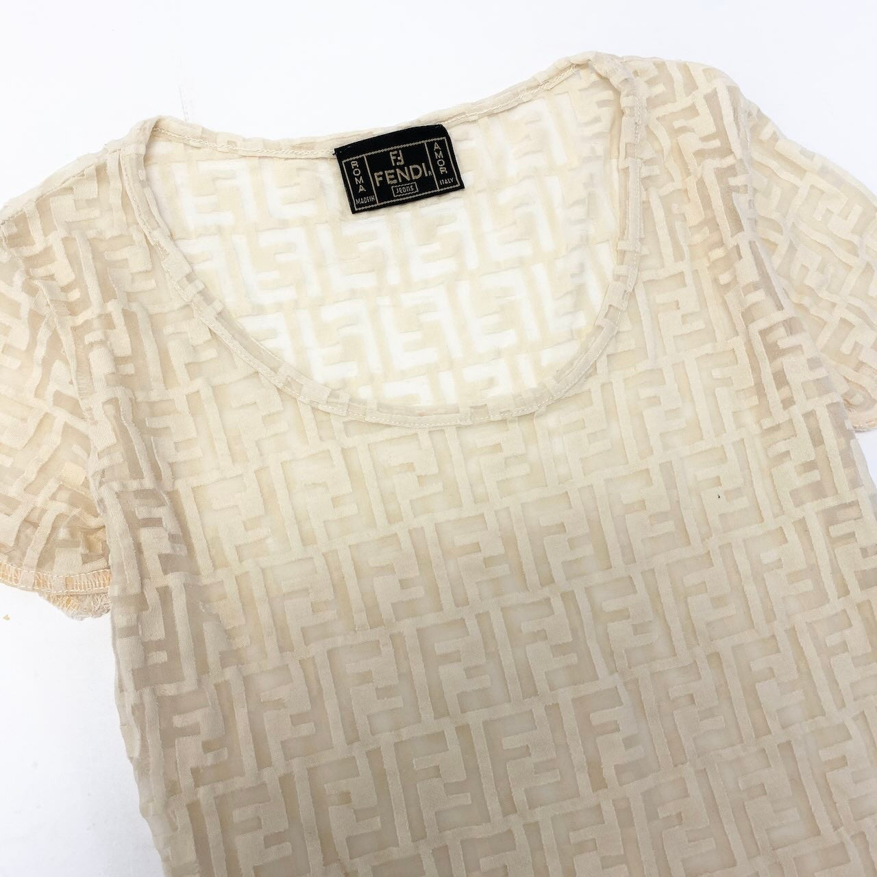 e8 FENDI 半袖シースルーカットソー ズッカ柄 トップス イタリア製 40サイズ アイボリー レディース 女性用ta1