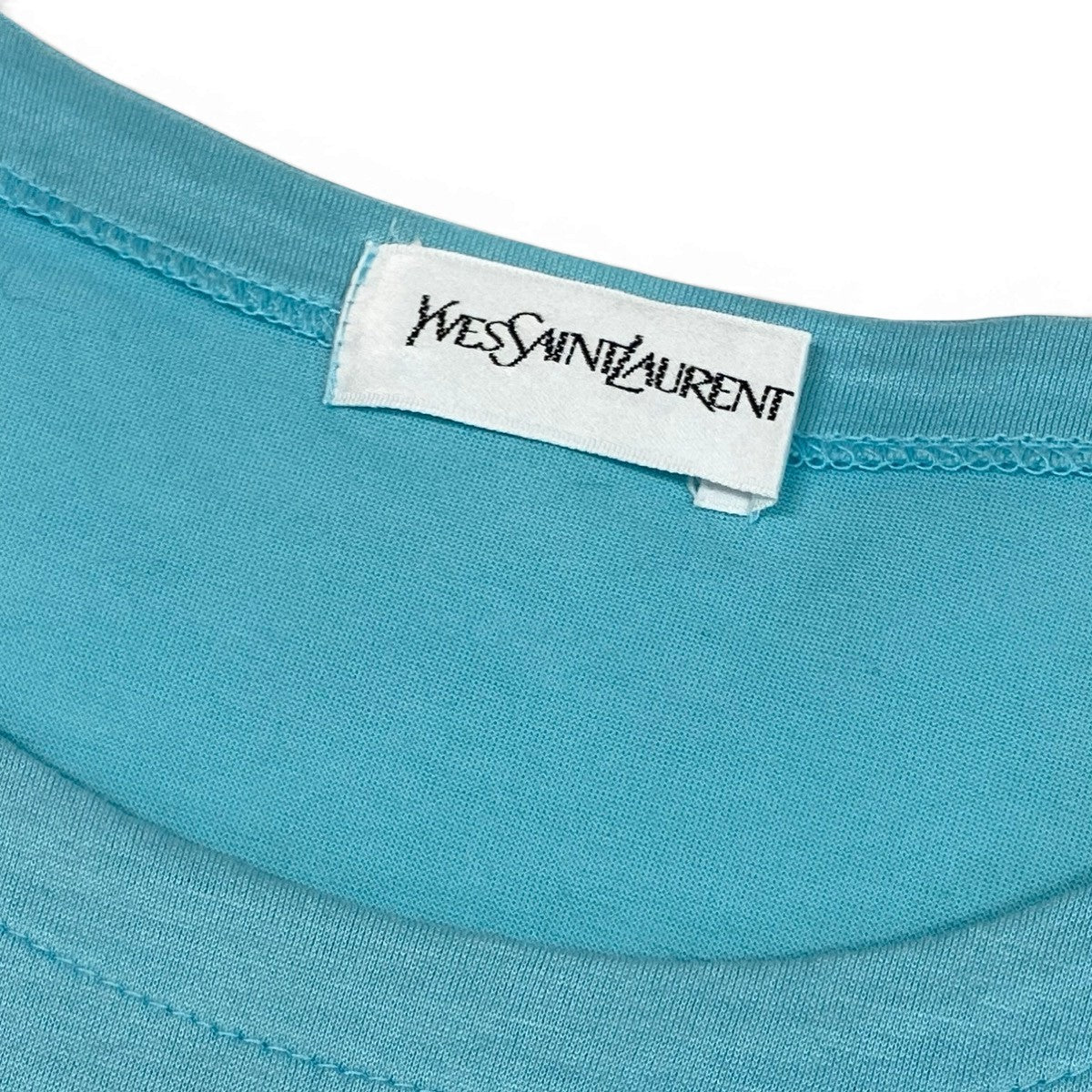 Ig16 YVES SAINT LAURENT イヴサンローラン ラインストーンカサンドラロゴ 半袖Tシャツ サイズM ライトブルー コットン100％ レディースu02t