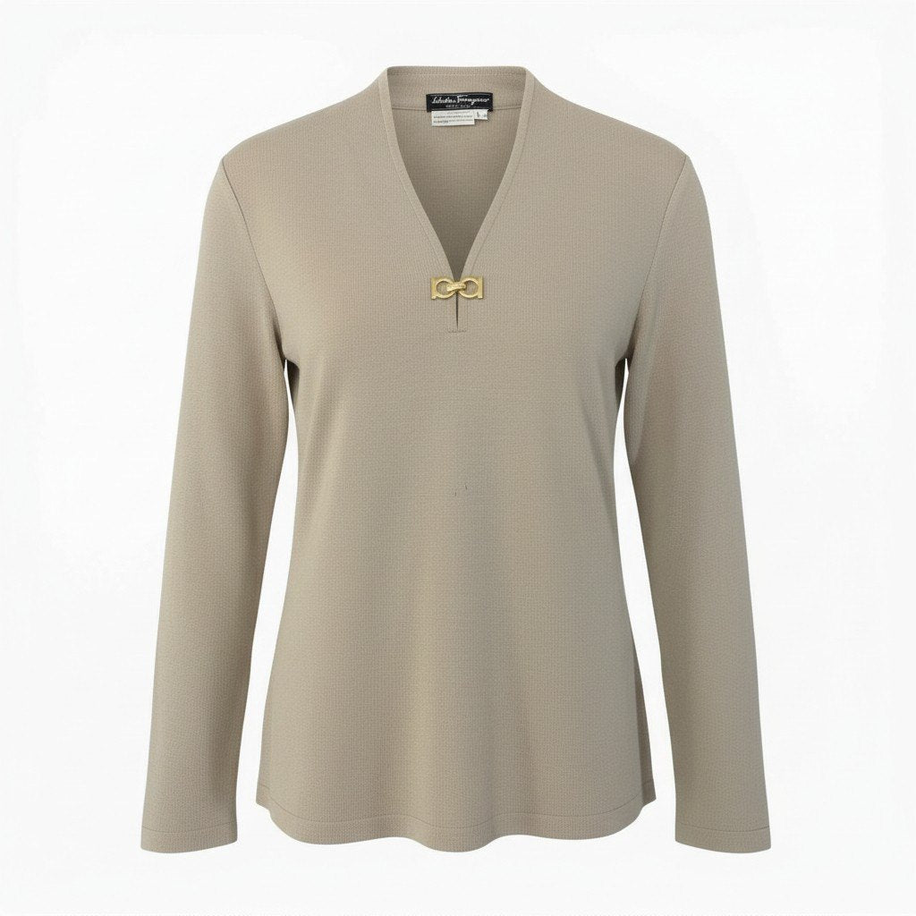 16a16 Salvatore Ferragamo サルヴァトーレ フェラガモ ガンチーニ Vネック ニット セーター サイズL ベージュ Gancini Knit Sweatert18r