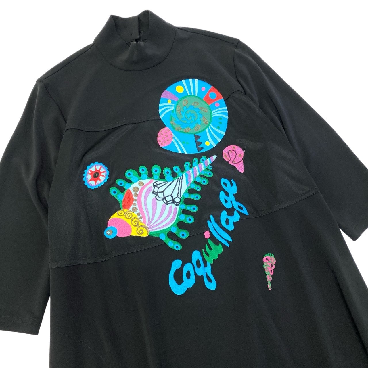 13c5 TOKUKO 1er VOL トクコプルミエヴォル 七分袖ワンピース ロングワンピース 刺繡デザイン ハイネック ストレッチ レディース 女性服 サイズ9 ブラック サイズ9u02t