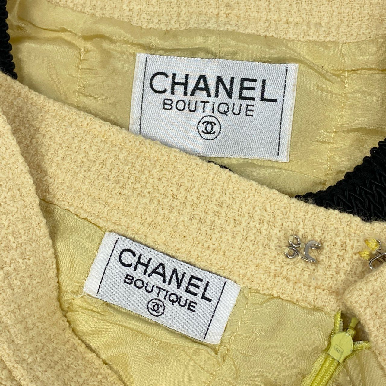 Ca14【archive】CHANEL ヴィンテージ シャネル 1987年コレクション ボールボタン ココマーク ショートツイードジャケット スカート セットアップ M相当 イエロー系 ツイード レディースta1