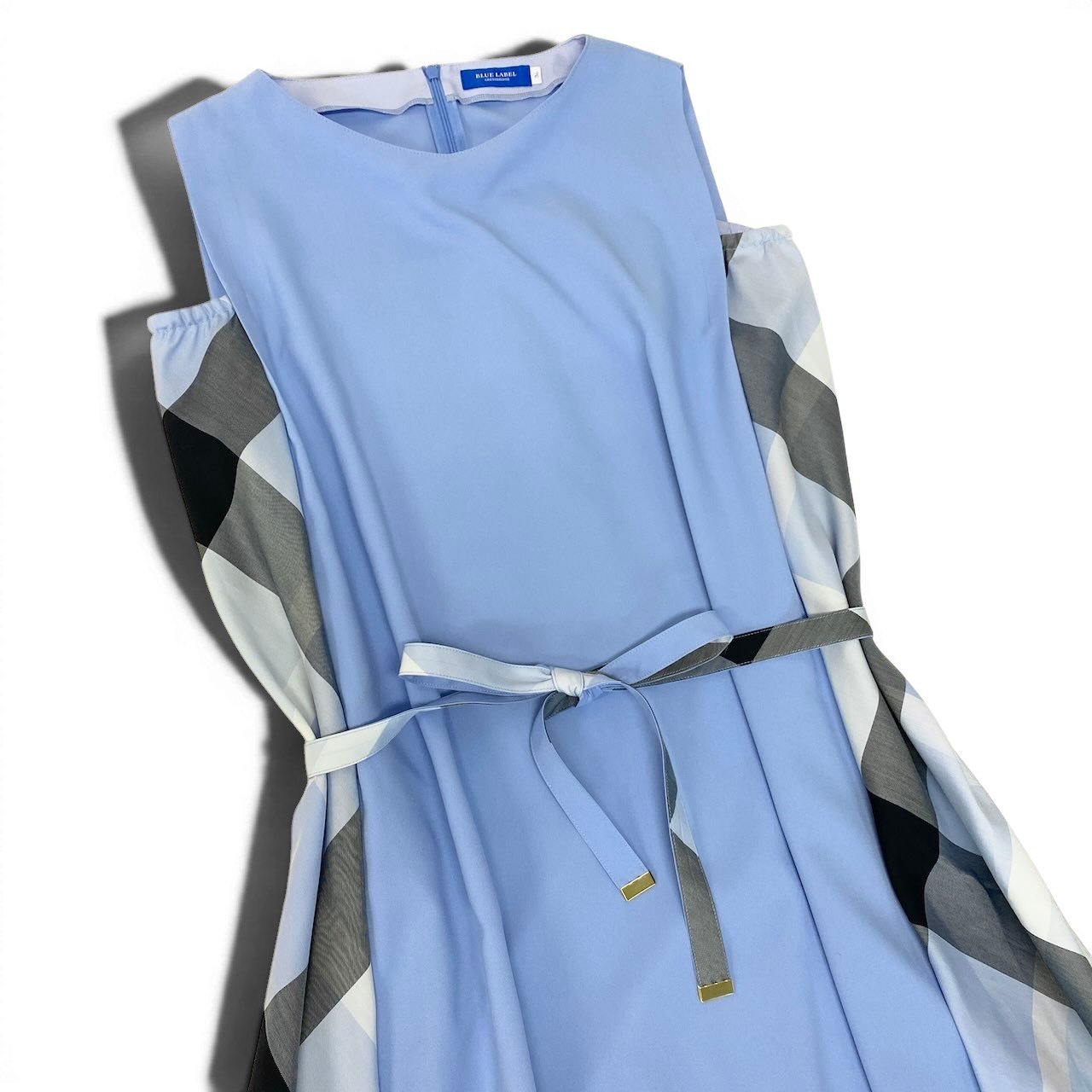 14f15 BLUE LABEL CRESTBRIDGE ブルーレーベル クレストブリッジ ノースリーブワンピース ドレス チェック柄 ベルト付き 36 ブルー ポリエステル レディースo07t