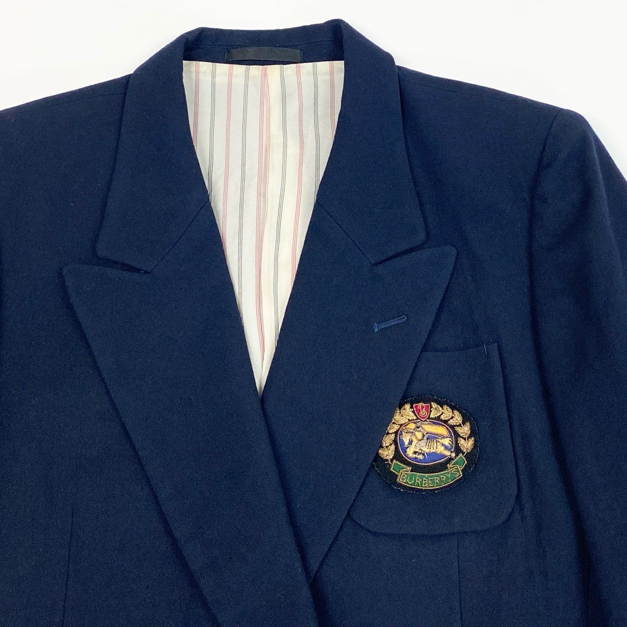 22a23 Burberrys バーバリーズ 紺ブレザー テーラードジャケット ダブルブレスト エンブレム ワッペン 9 ネイビー ウール レディースu02t