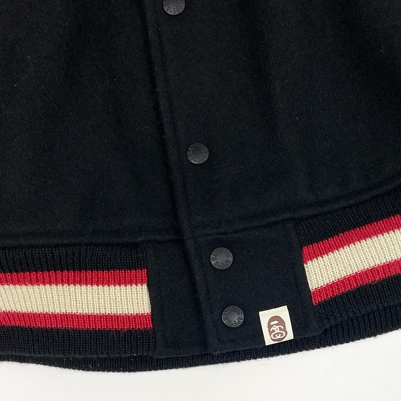 86j23 A BATHING APE x STUSSY ア ベイシング エイプ ステューシー コラボ VARSITY JACKET スタジャン ロゴワッペン レザー切替 001HJ0731927X Mサイズ ブラック ウール レザー メンズo07t