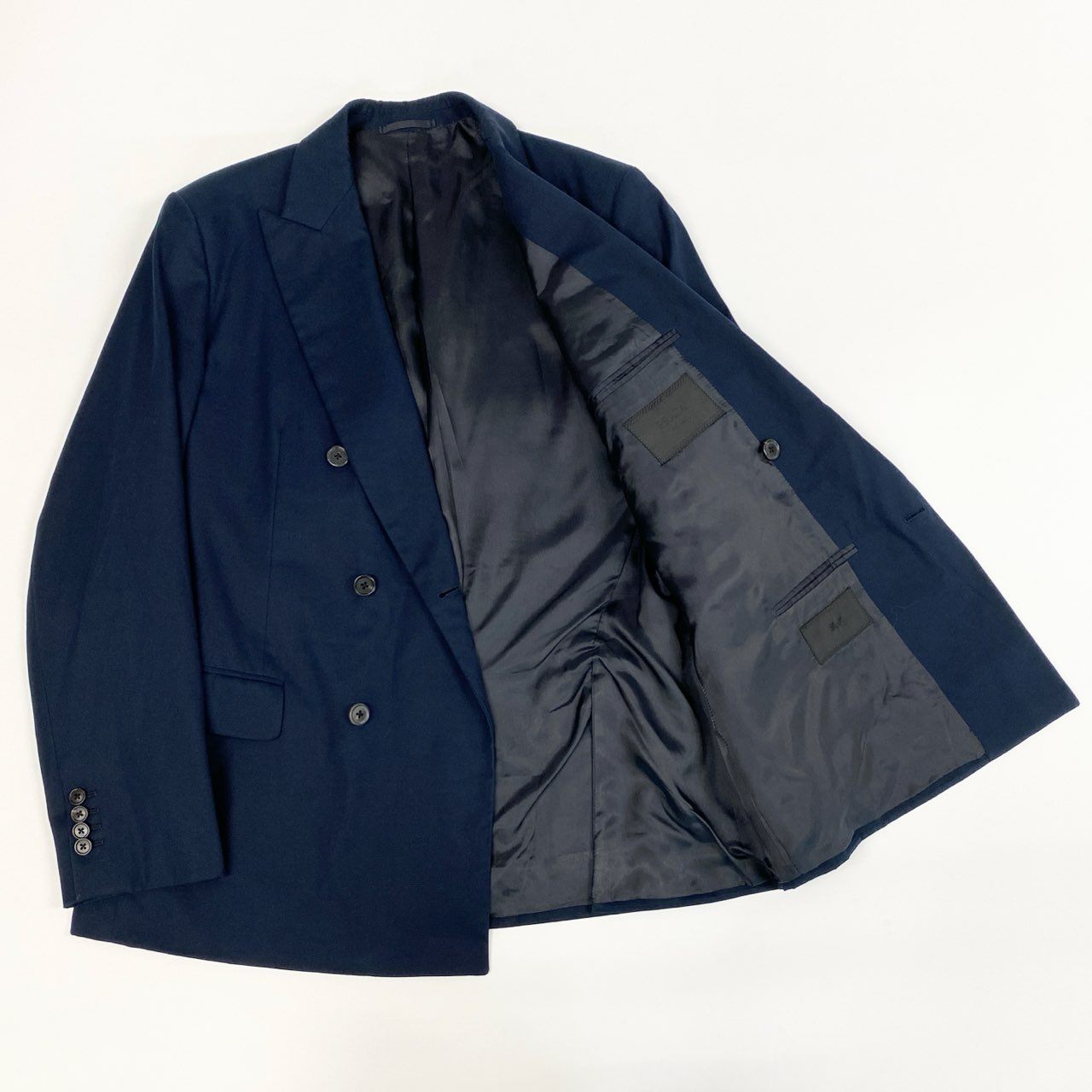 46j3 PRADA プラダ イタリア製 ダブルプレスト ピークドラペル テーラードジャケット ブレザー UGA010 50 Lサイズ相当 ネイビー コットン カシミヤ メンズo07t