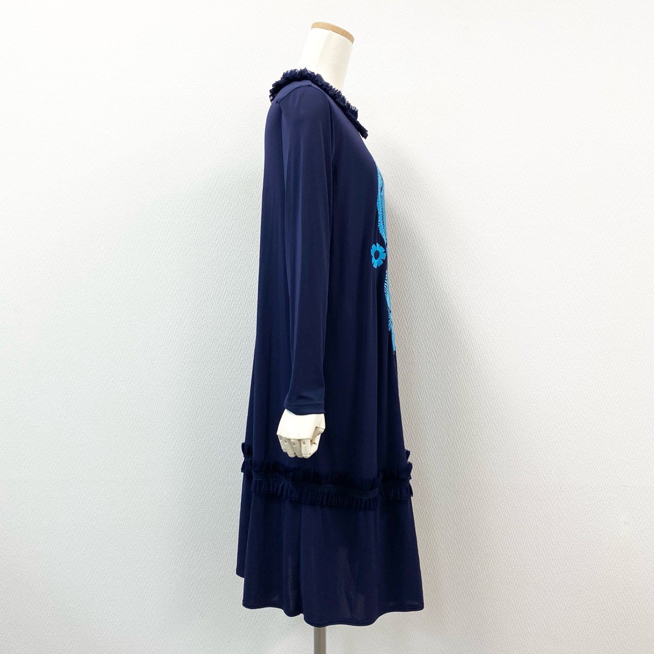 70i2 《未使用保管品》 タグ付 TOKUKO 1er Vol トクコプルミエヴォル フリル アニマル刺繍 長袖ワンピース チュニック 日本製 9 Mサイズ相当 ネイビー系 レディースo07t