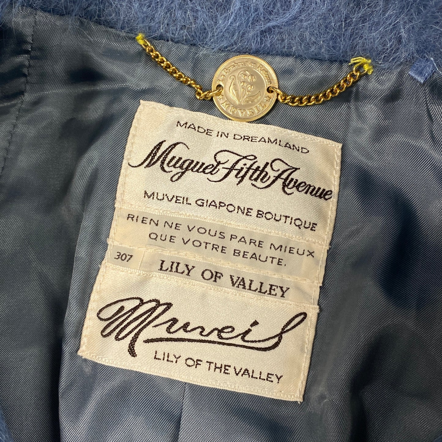 28k6【美品】MUVEIL ミュベール シャギーコート ロングコート ビジュー アウター MA43FC003 36サイズ ブルー レディースu02t