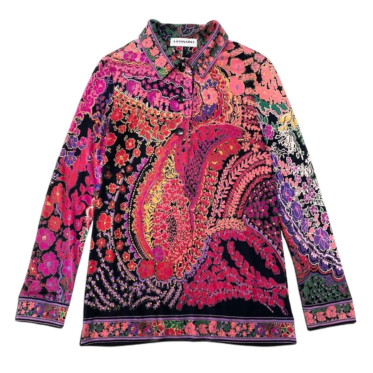 2i28 LEONARD レオナール ロングスリーブポロシャツカットソー 花柄プリント トップス 40サイズ マルチカラー レディース 女性用u02t