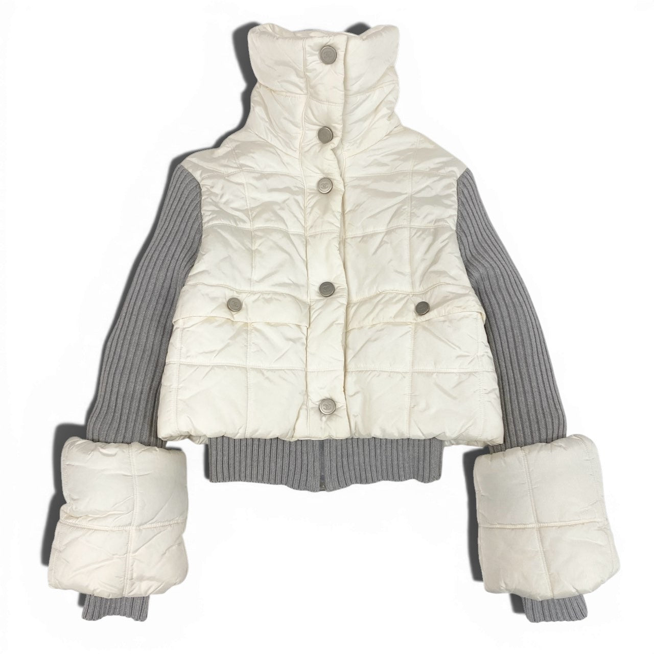 Cb15 CHANEL シャネル スポーツライン 2000 ニット切り替え 中綿ジャケット アウター ココマーク P16399 36 ホワイト グレー レディースta1