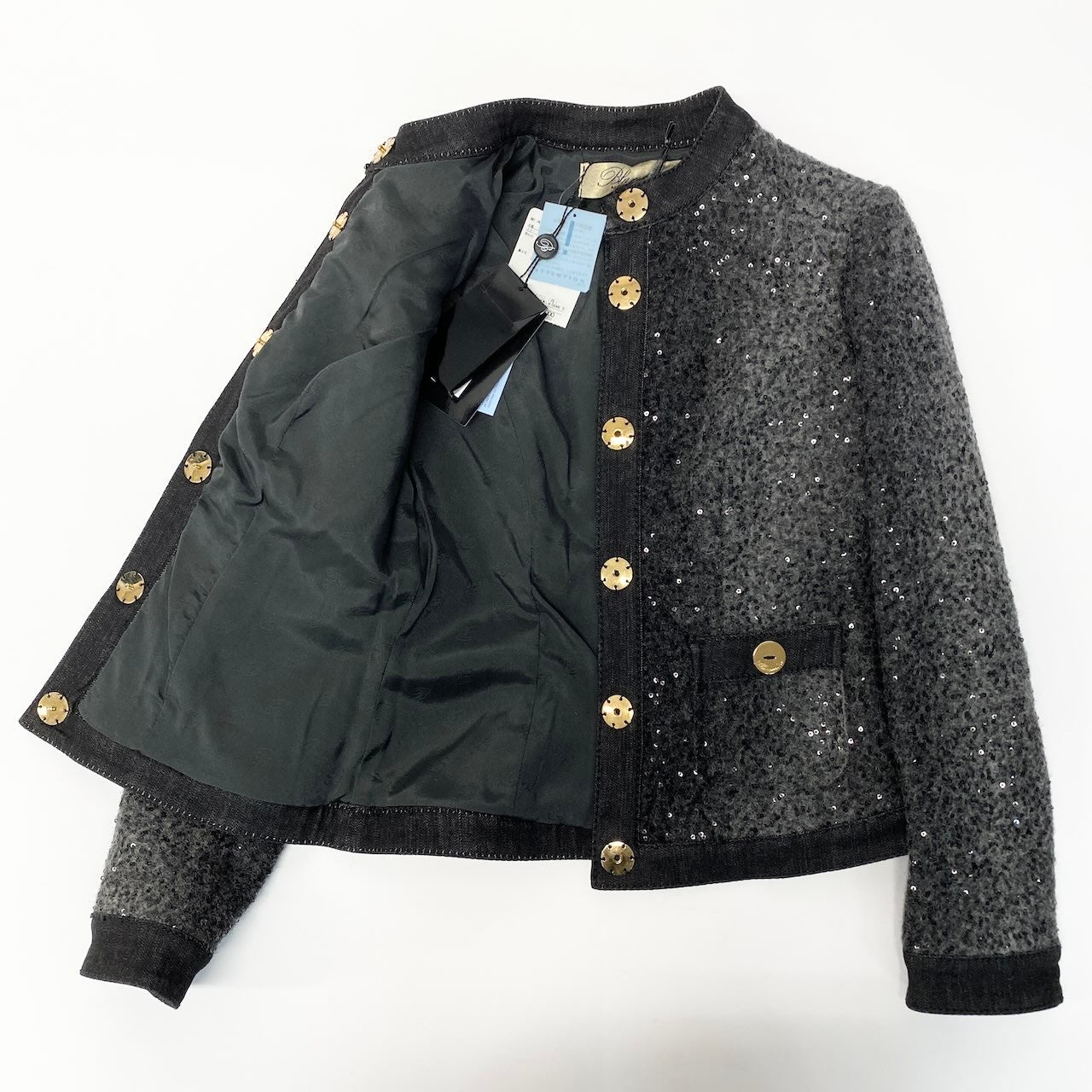 55c19 【新品保管品】 Blumarine ブルマリン ノーカラージャケット スパンコール 金ボタン タグ付 ウール レディース 女性用 227842619 38 グレー系u02t