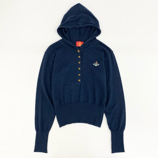 61g4 VIVIENNE WESTWOOD RED LABEL ヴィヴィアンウエストウッド レッドレーベル オーブ刺繍 ニットフーディトップス セーター イタリア製 ネイビー コットン レディース
