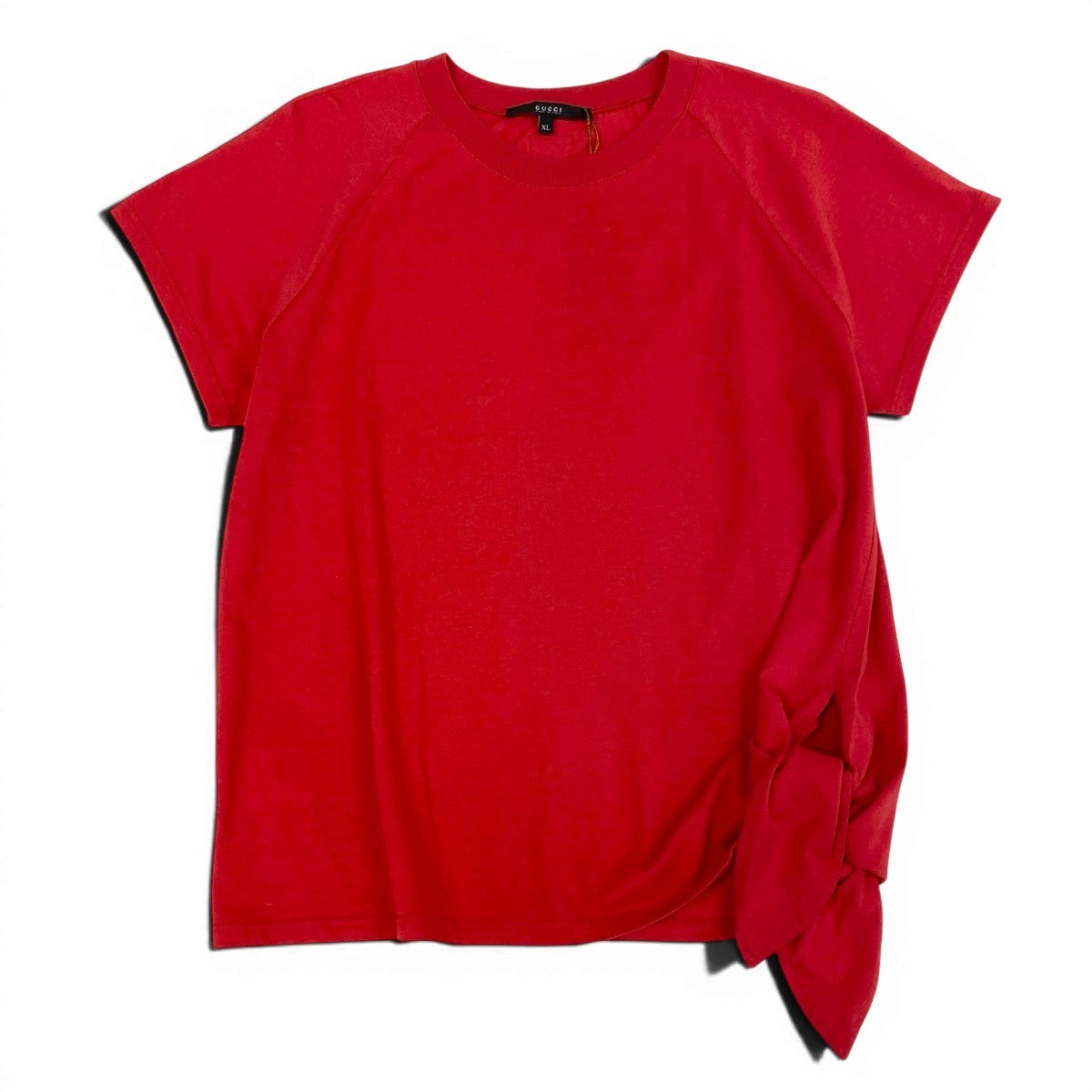 Ee29 【タグ付】 GUCCI グッチ サイドリボン クルーネック 半袖Tシャツ サイズXL レッド コットン100％ レディース 女性服u02t