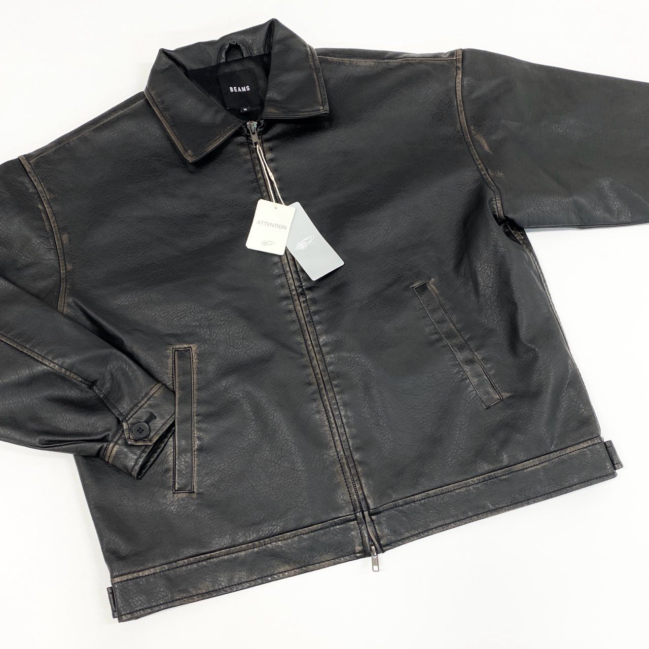 51f3 【新品タグ付き】 BEAMS ビームス 2024AW ユーズド加工 レザーブルゾン シングルライダース ジャケット 11-18-1831-202-19-22 サイズM ブラック レザー メンズ