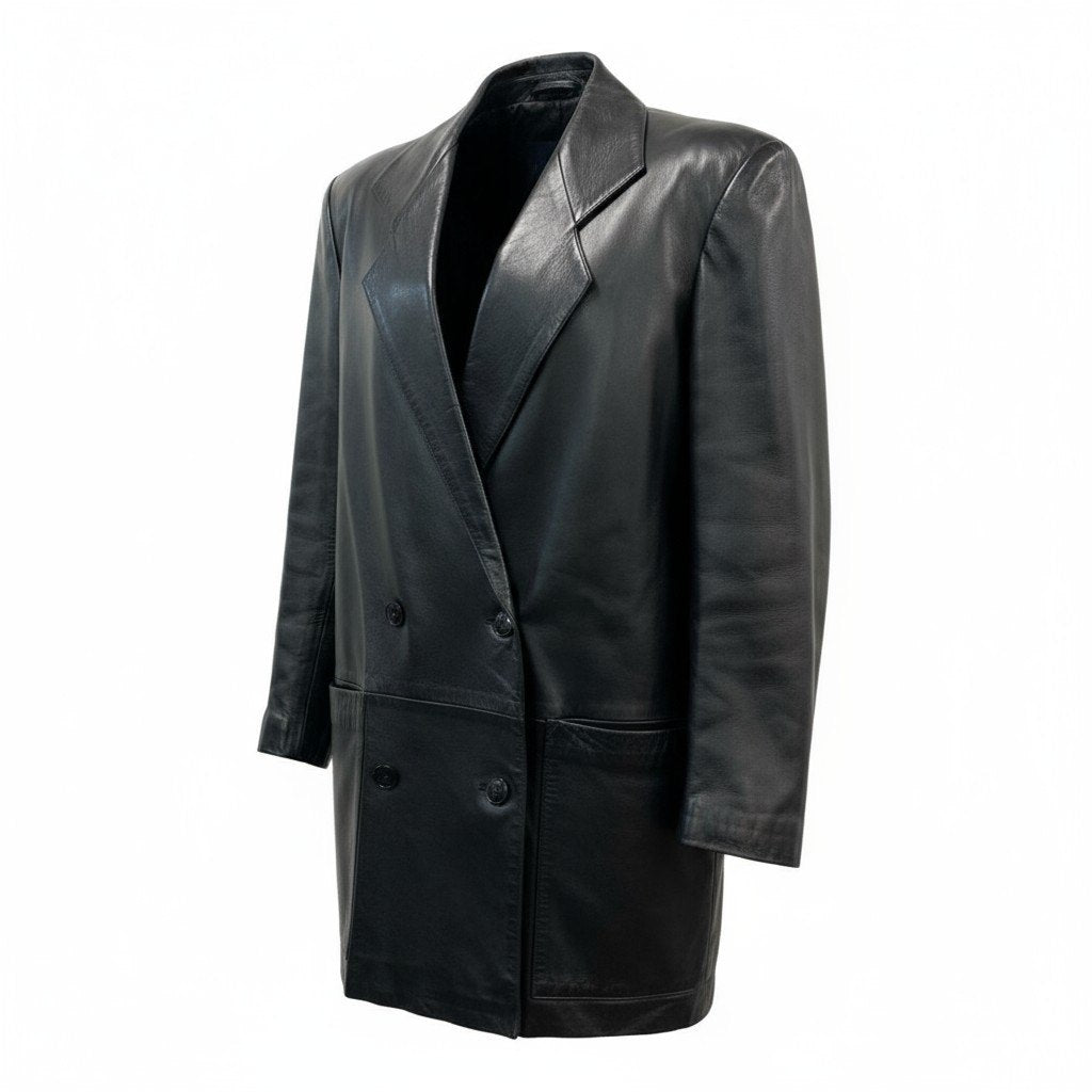 10k11 agnes b.  SPECIAL アニエスベースペシャル レザー ロングジャケット チェスターコート ダブルブレスト フランス製 レディース 女性用 2 ブラックu02t