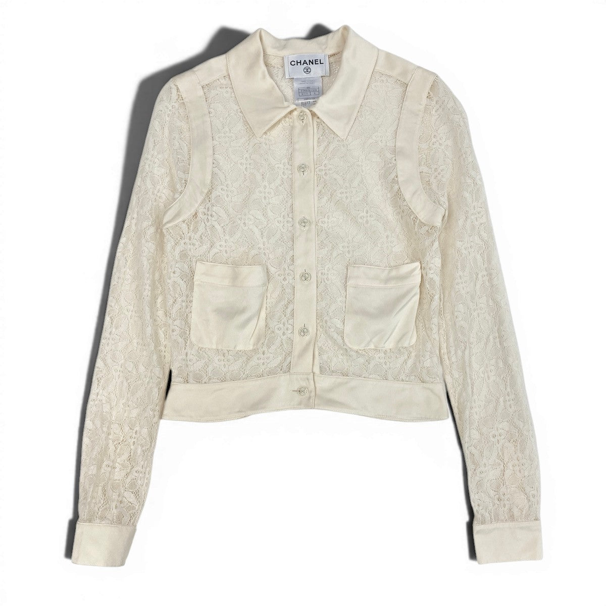 Ce19  CHANEL シャネル 2007年 クルーズライン レースブラウス 長袖シャツ ココマークボタン P29989 サイズ36 オフホワイト レディース 女性服ta1