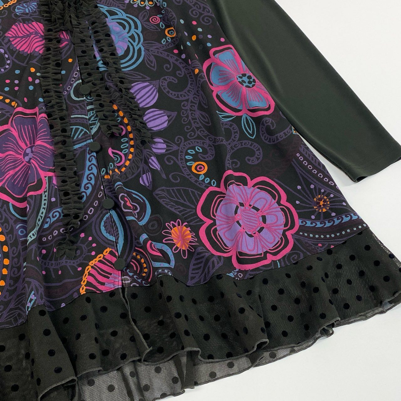 76k21《美品》 TOKUKO 1er VOL トクコプルミエヴォル ロングカーディガン 長袖 フリル装飾 花柄プリント 水玉 ドット柄 レディース 女性用 9 ブラウンu02t