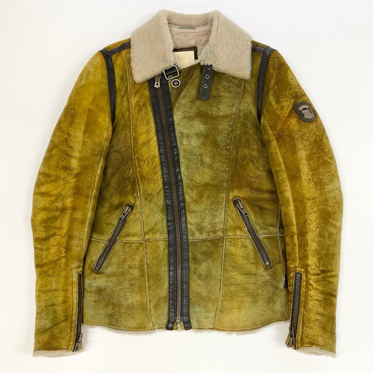 67k7 DIESEL ディーゼル ムートンジャケット ライダースジャケット ヴィンテージ加工 ラムレザー 羊革 Sサイズ イエローブラウン メンズu02t