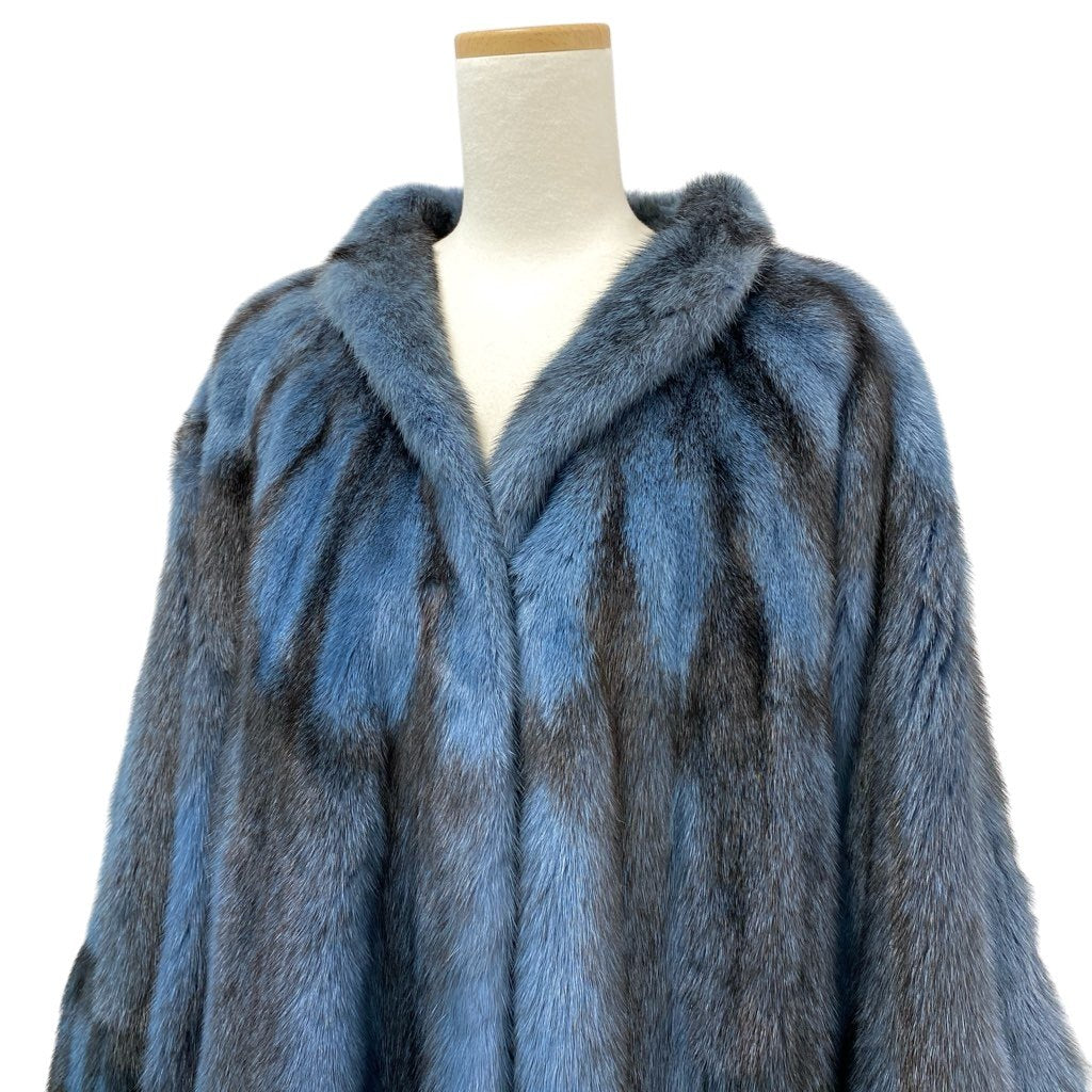 29l27《超希少》 染め クロスミンク ポンチョ型 ロングコート サイズF ブルー ブラック 最高級本毛皮 MINK FUR 毛並み◎t18r