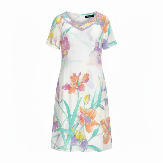 30b11 LEONARD レオナール 半袖Vネック花柄ワンピース カンカン素材 ストレッチ 0390322 40サイズ ホワイト レディース 女性用u02t