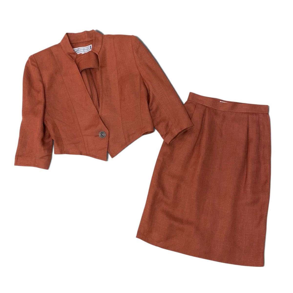 84i15 YVES SAINT LAURENT イヴサンローラン セットアップスカート ショートジャケット リネン混 サイズM オレンジ レディースo07t