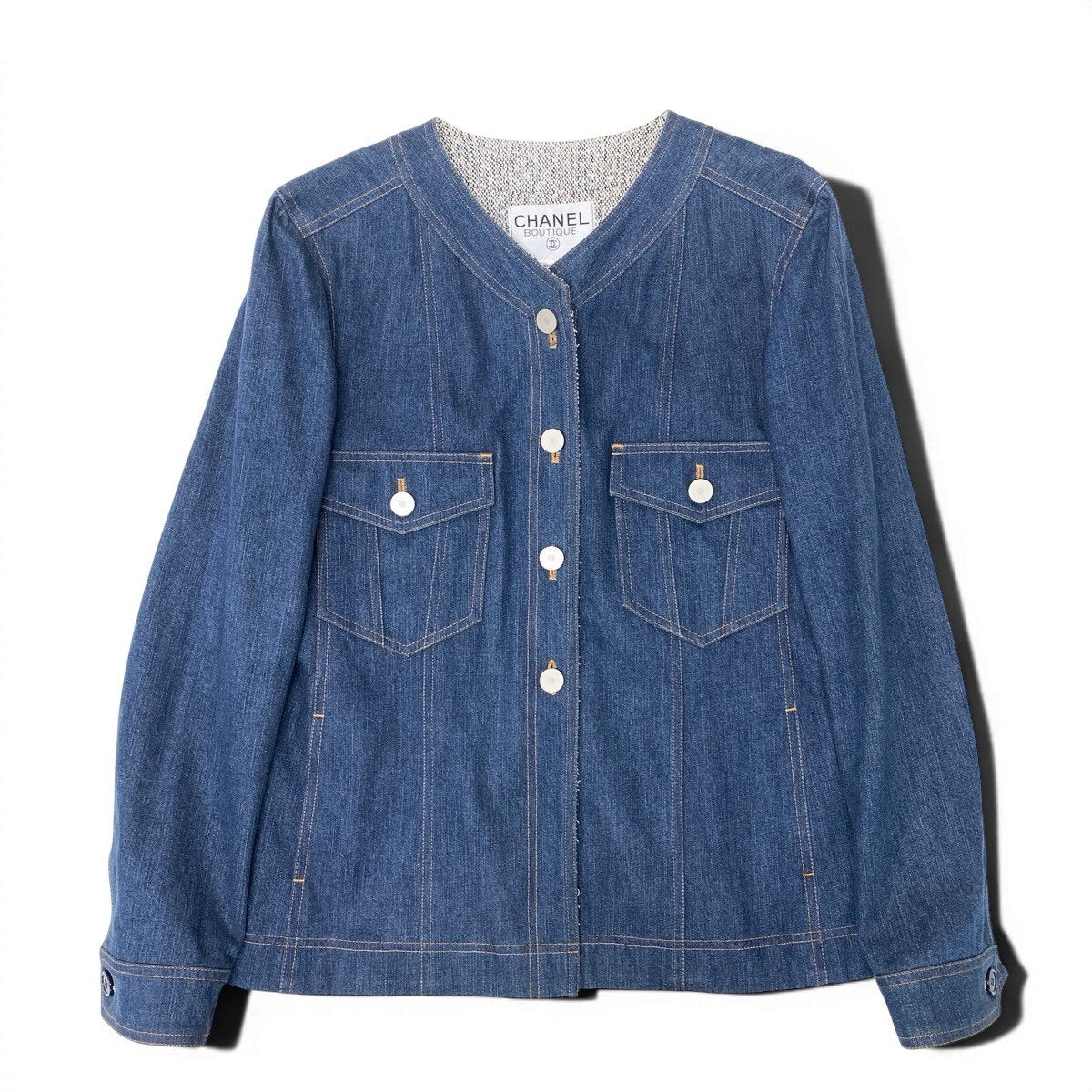 Cf12 CHANEL 1999年 ノーカラーデニムジャケット コットンジャケット アウター P12461 40サイズ インディゴ コットン100％ レディース 女性用u02tu02t