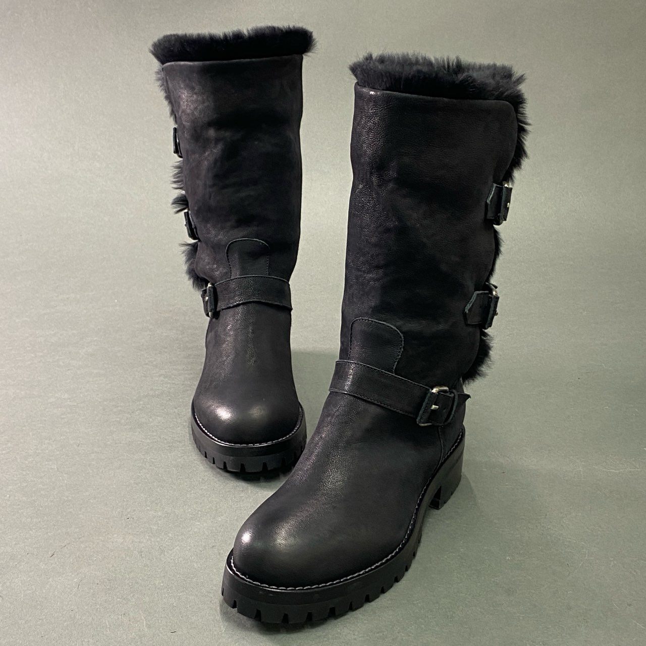 2b7 《美品》 SARTORE サルトル ムートン レザーロングブーツ 35 ブラック Leather イタリア製 シューズ