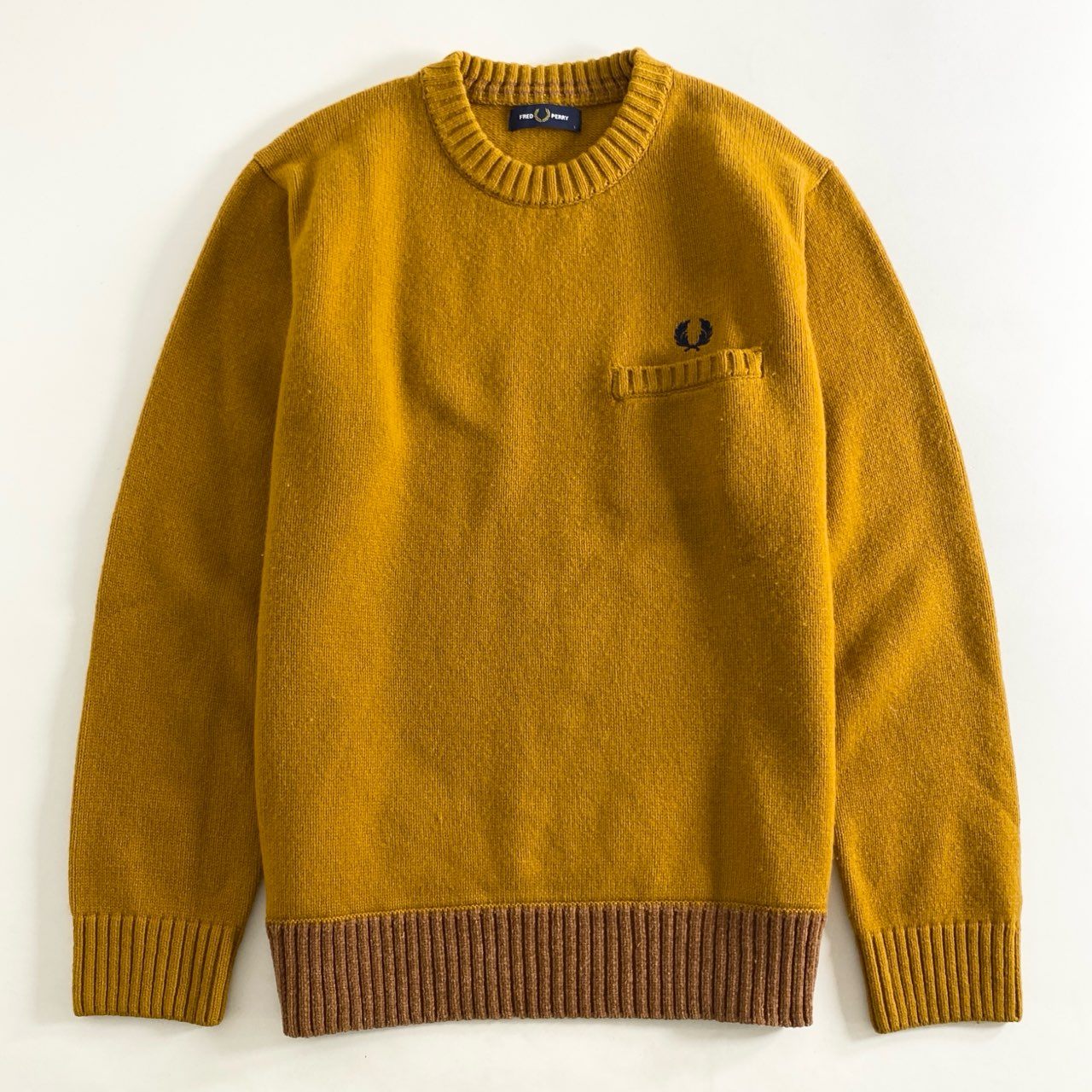 80h12 FRED PERRY フレッドペリー MALL HEM KNIT WEAR F3231 クルーネック ニット セーター プルオーバー ロゴ刺繍 Lサイズ ブラウン系 ウール