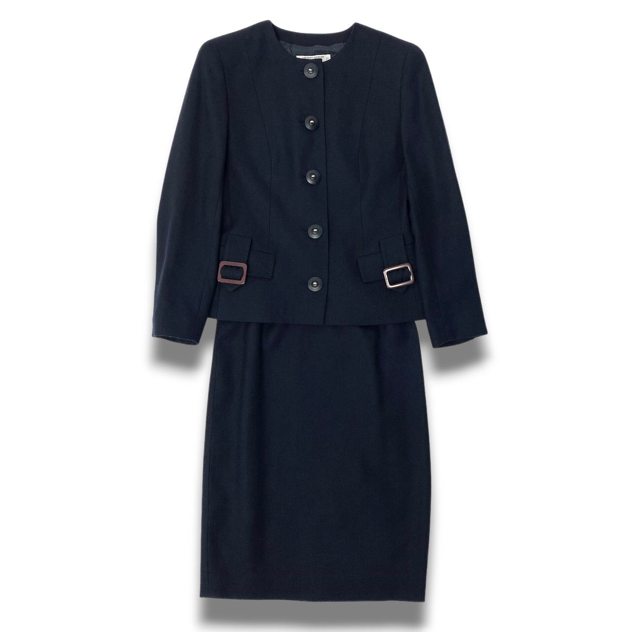 54c19 valentino garavani ヴァレンティノガラヴァーニ セットアップ スカートスーツ セレモニースーツ フォーマル ノーカラージャケット 膝丈スカート レディース 女性服 サイズ40/6 ネイビー ウール100％u02t