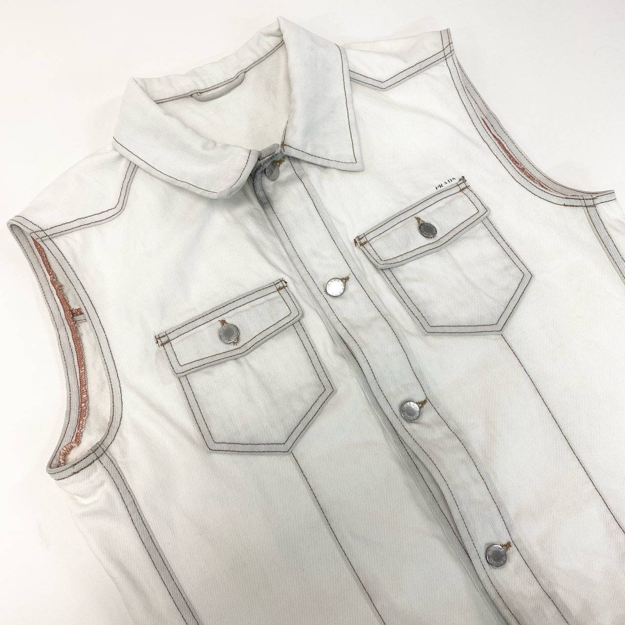 24k28 PRADA プラダ デニムベスト トップス ロゴ 52 ホワイト コットン メンズ イタリア製 00su02t