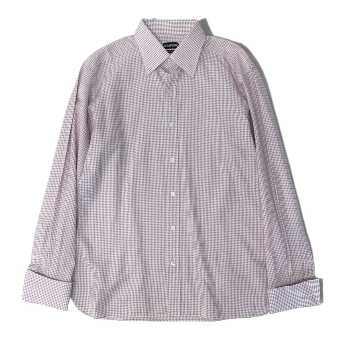 92h3 TOM FORD トムフォード 長袖シャツ コットンシャツ メンズシャツ 千鳥格子柄 ドレスシャツ イタリア製 185/104A ピンク ホワイト コットン100％ メンズ 男性用o07t