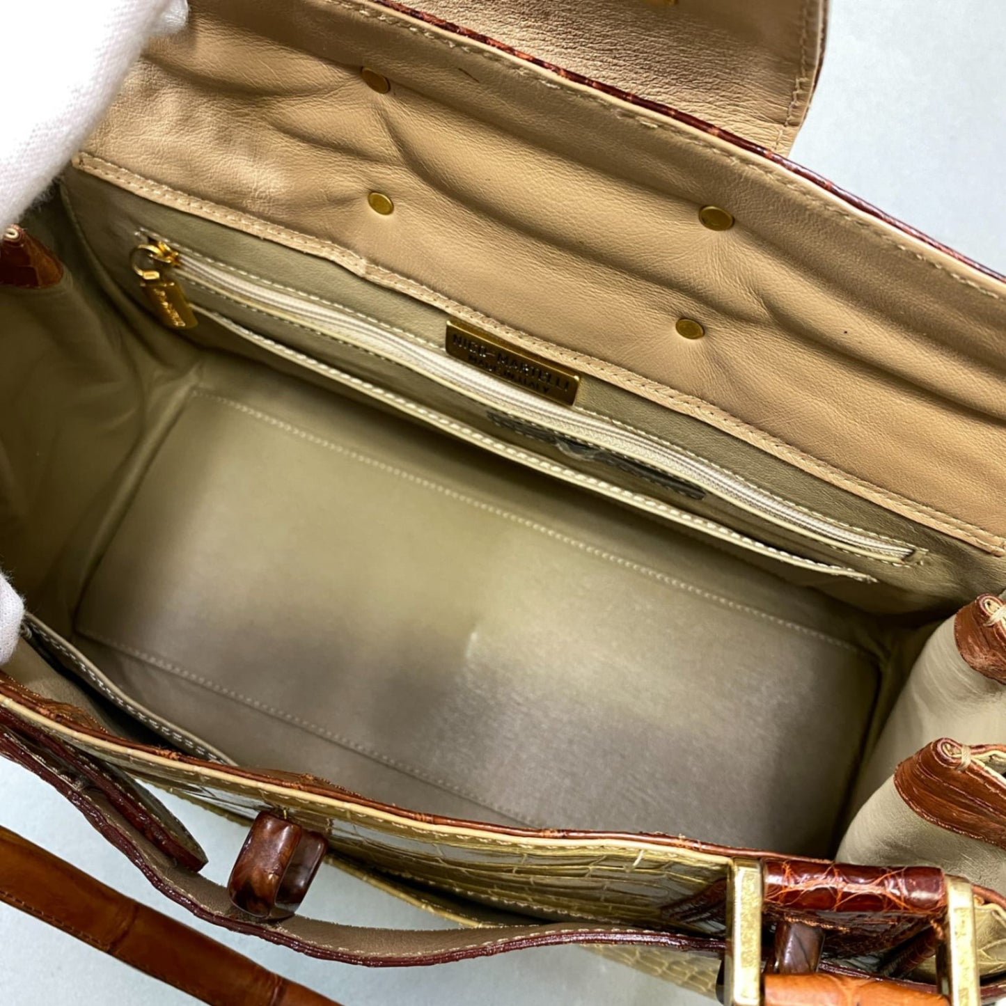 AL10 NICO MARTELLI ニコマルテリ シャイニングクロコ クロコバッグ トートバッグ ハンドバッグ ベージュ ブラウン レディースk02i