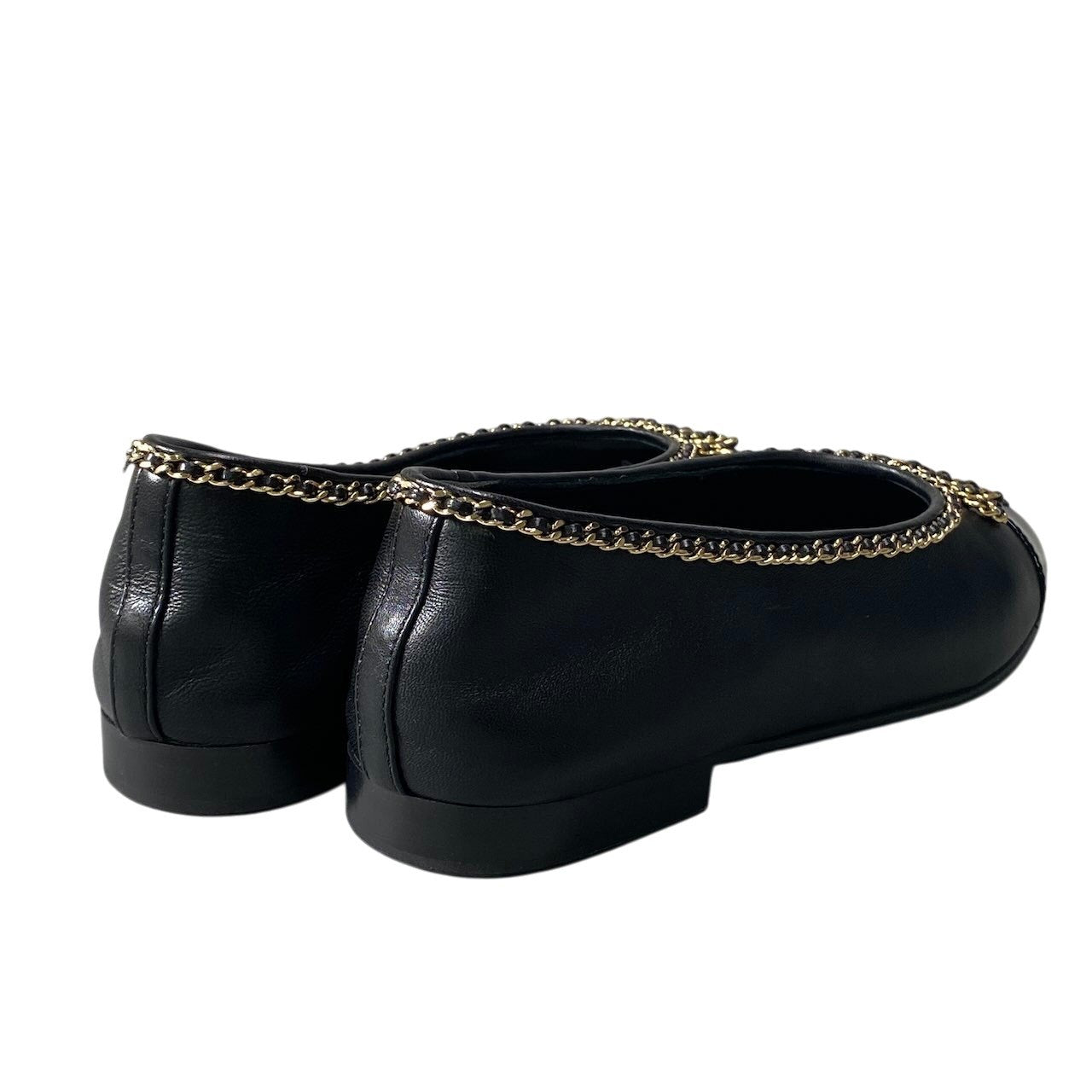 《極美品》 CHANEL シャネル 25B リボンチェーン バレリーナシューズ Ballerina Pumps Gold Chain G46663 36 1/2 ブラック ラムレザーt18r