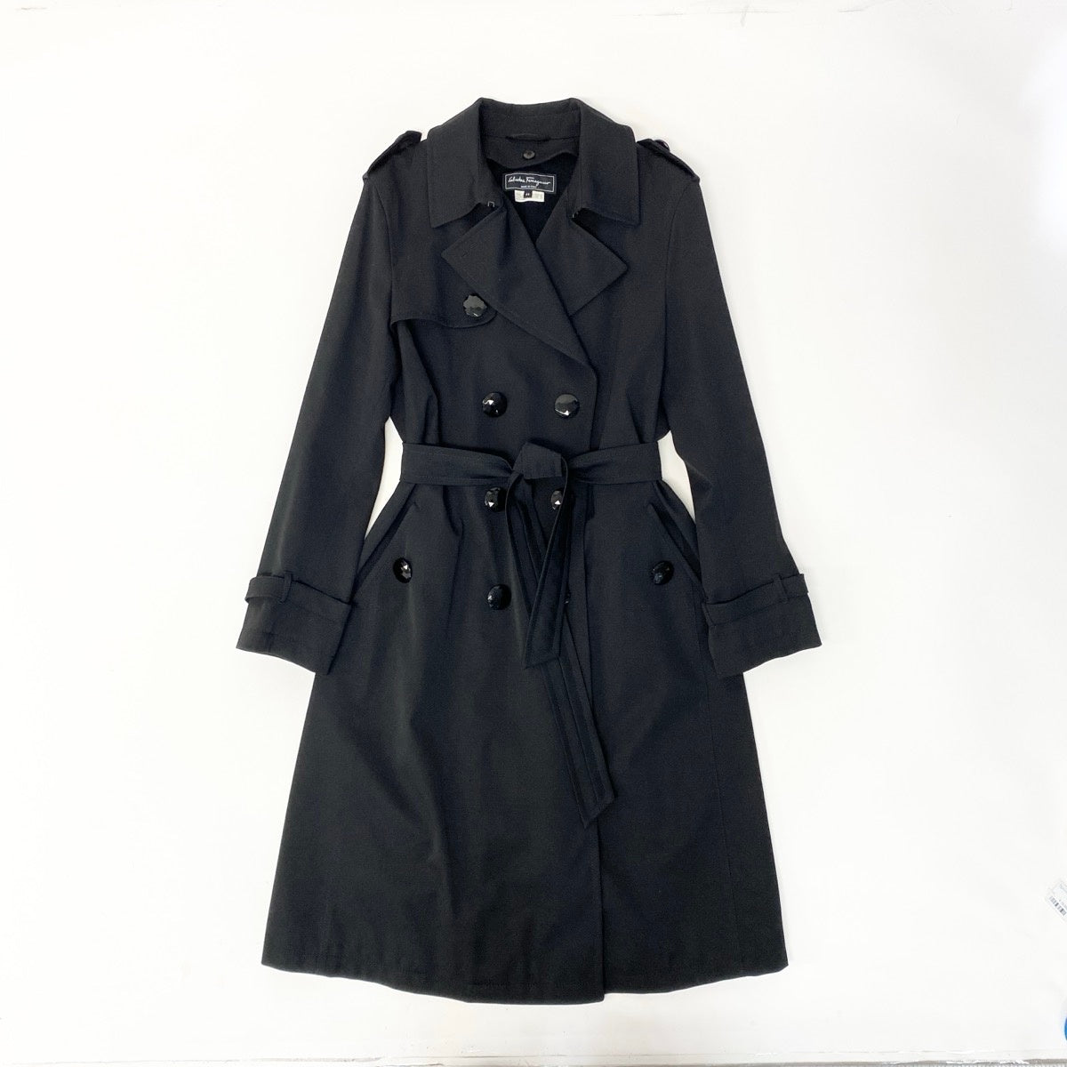 42e13 【美品】Salvatore Ferragamo サルヴァトーレフェラガモ ロングトレンチコート ウールカシミヤコート アウター イタリア製 44サイズ ブラック レディース 女性用u02t