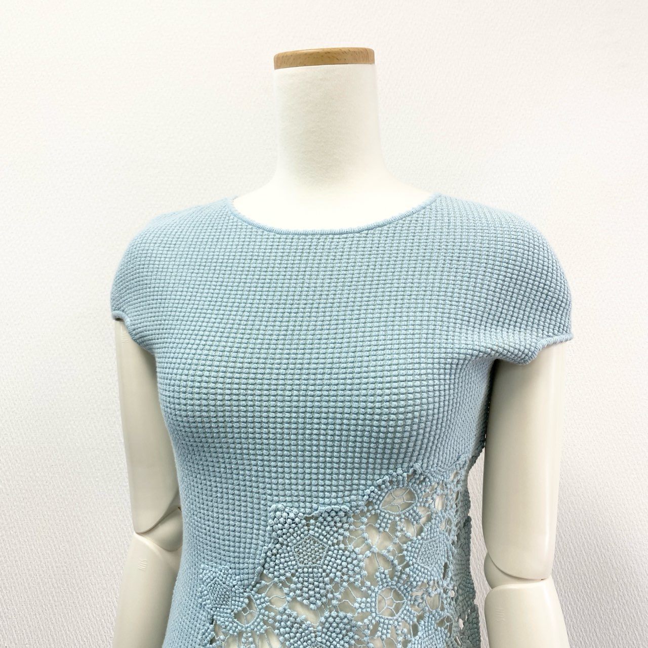 15K18 【美品】CHANEL シャネル 2014SS レース切替 ワッフルカットソー P41341K03047 サイズ34 ブルー系 レディース 女性用 トップスk02i