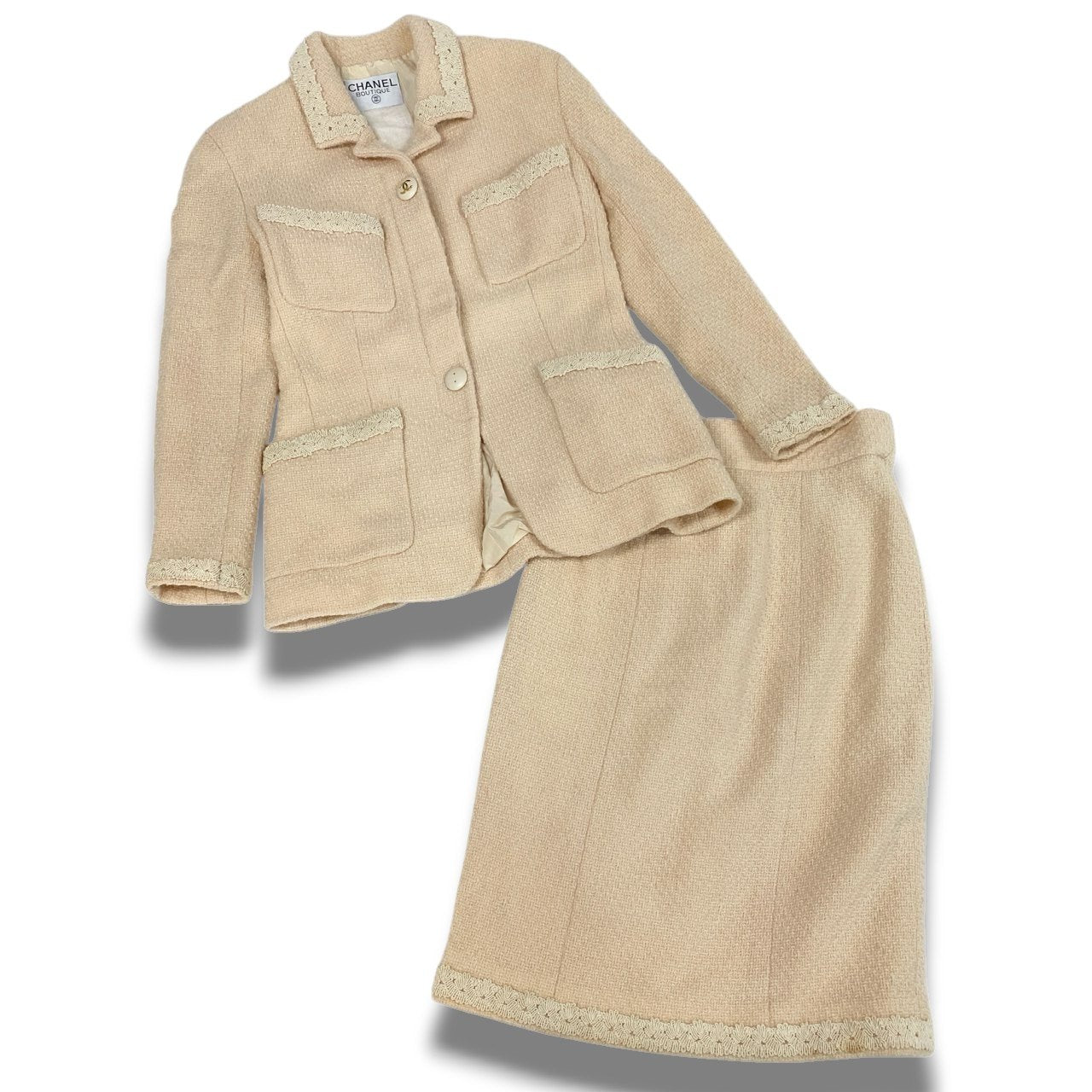 Cc3 CHANEL ヴィンテージ シャネル ココマークボタン ツイードジャケット スカート セットアップ  M相当 アイボリー レディース 女性用 スーツta1
