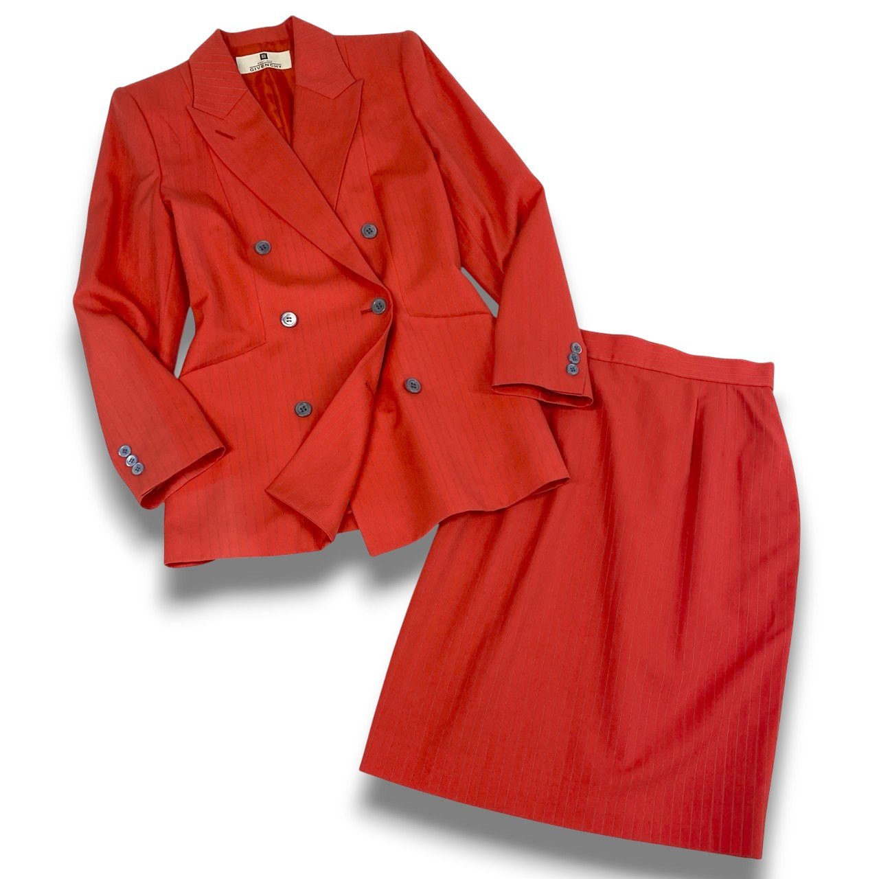 28b20 Vintage GIVENCHY ジバンシー スカートスーツ セットアップ ダブルブレスト 38 オレンジ ストライプ ウール 裏地ロゴu02t