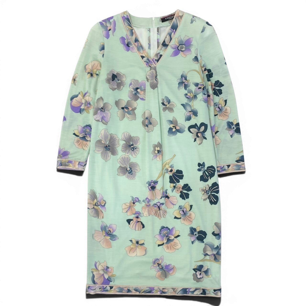 67e7 LEONARD FASHION レオナール Vネック ロングワンピース 美しい花柄プリント ロングスリーブ サイズ42 ミントグリーン レディース 女性服o07t
