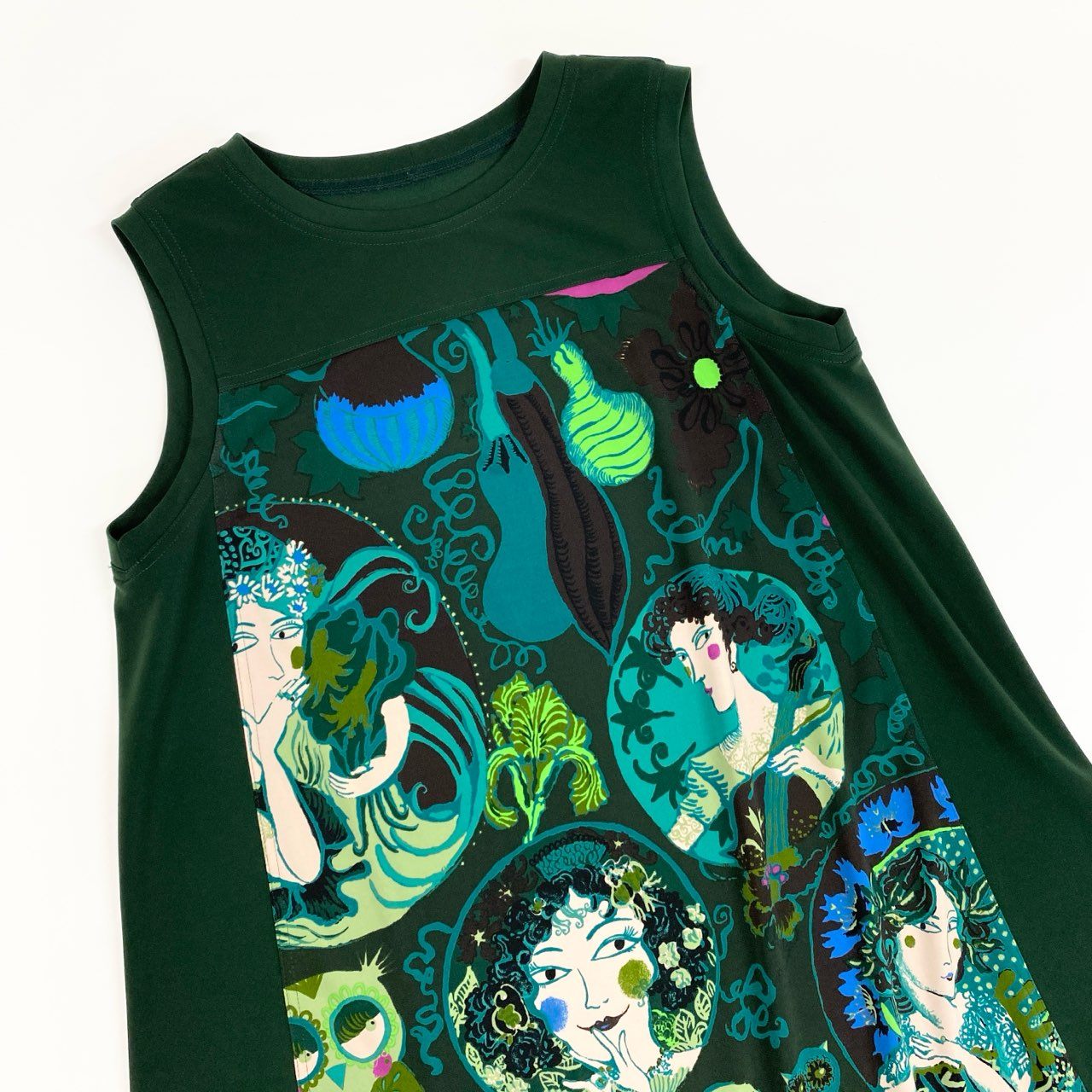 68a23 TOKUKO 1er VOL トクコプルミエヴォル ノースリーブワンピース ロングワンピース Aライン ストレッチ素材 9 グリーン レディース 女性用u02t