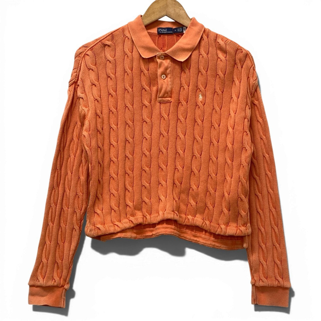 60b10 【美品】Polo by Ralph Lauren ラルフローレン コットンケーブルポロニット ニットセーター ヴィンテージ加工 トップス Mサイズ オレンジ コットン100％ レディースu02t