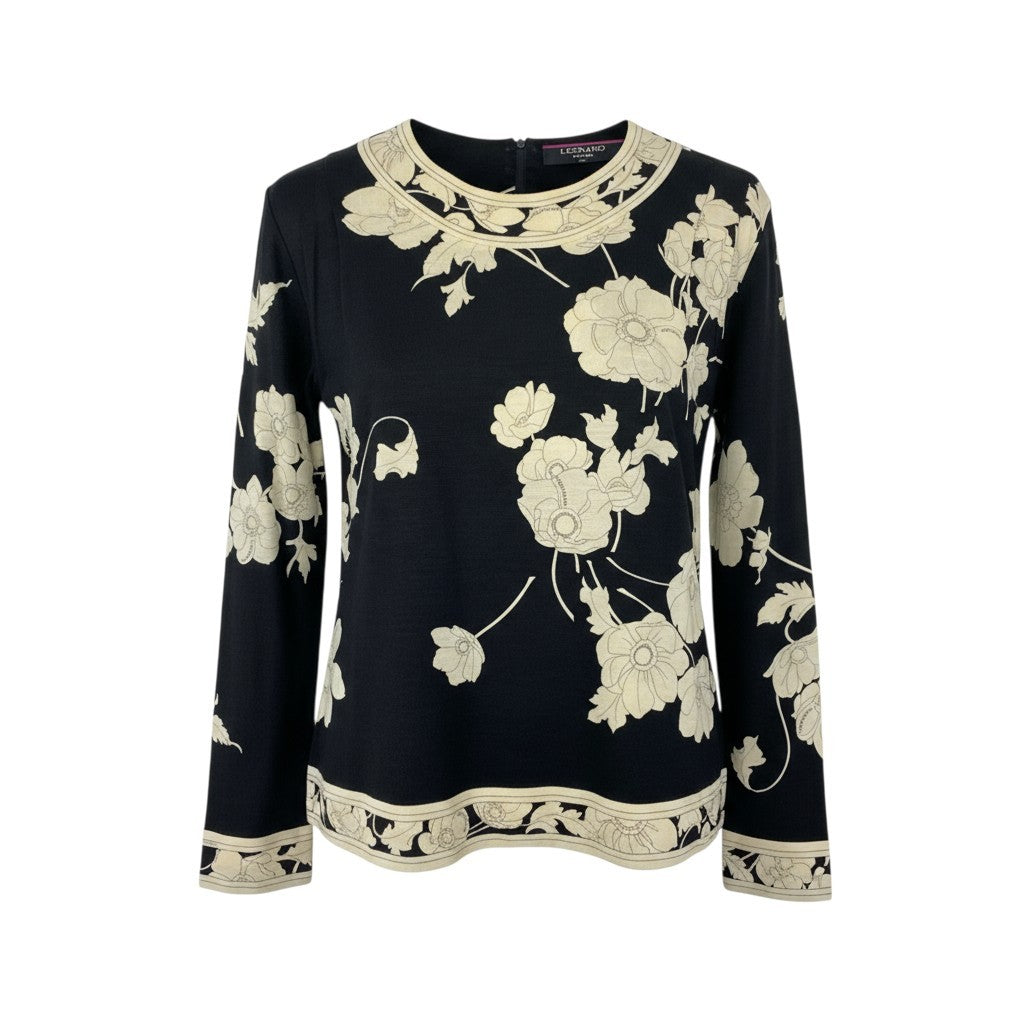 19k10 LEONARD レオナール 長袖カットソー クルーネック 花柄 0389991 Mサイズ ブラック アイボリー レディースu02t