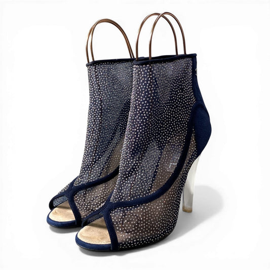 CHANEL シャネル スエード素材 ラメ付きラインストーン バックジップ パンプス サイズ37 ネイビー レディースk02i